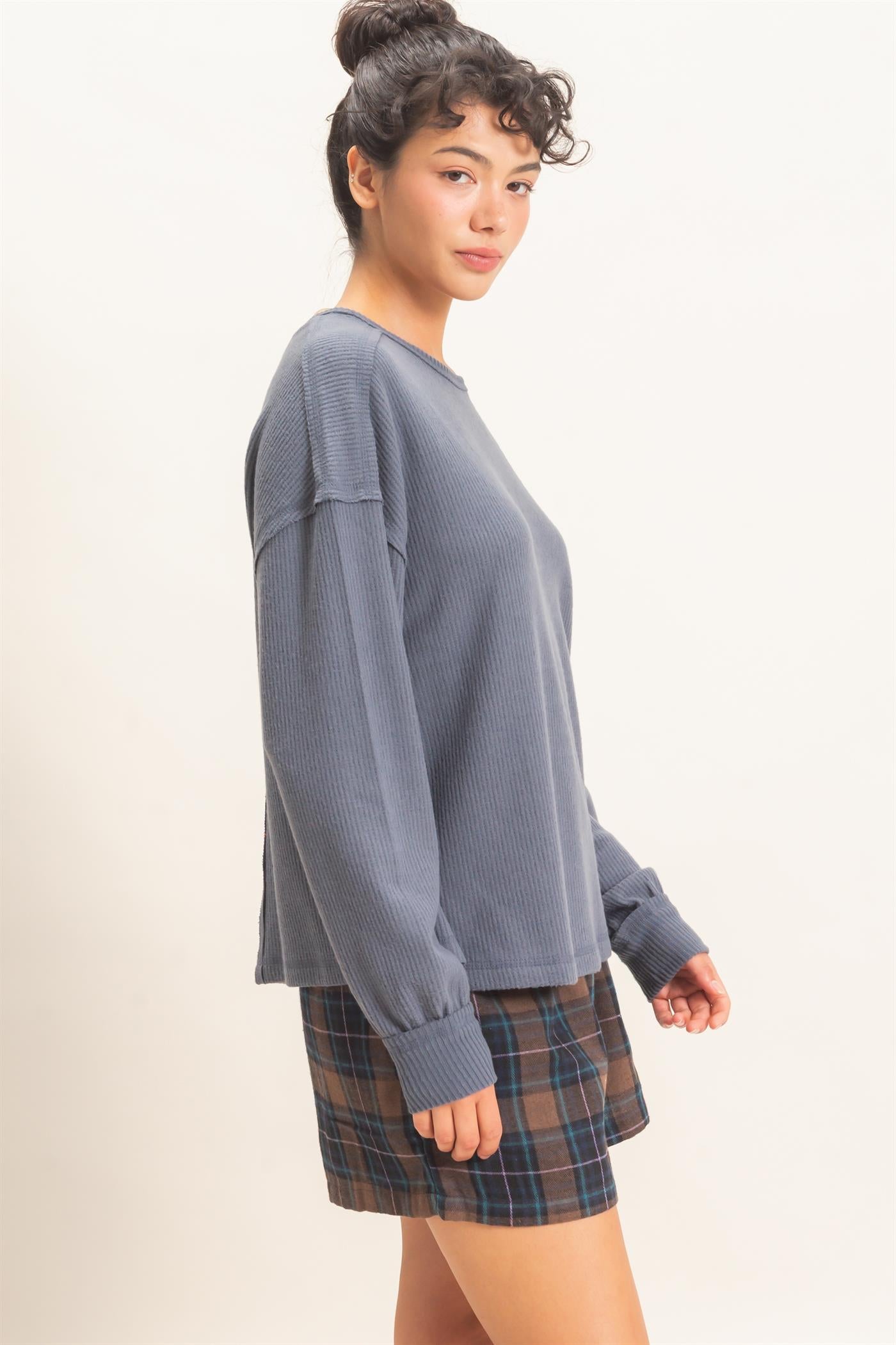 Wholesale Raw Edge Waffle Sweatshirt Sweatshirts DZ26F081 DARK GRAY HYFVE