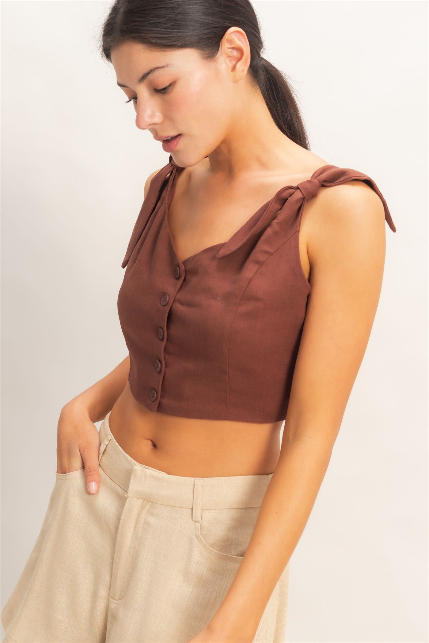Wholesale Button-Up Tie Strap Crop Top Clothing Tops HF26A445 CHOCOLATE HYFVE
