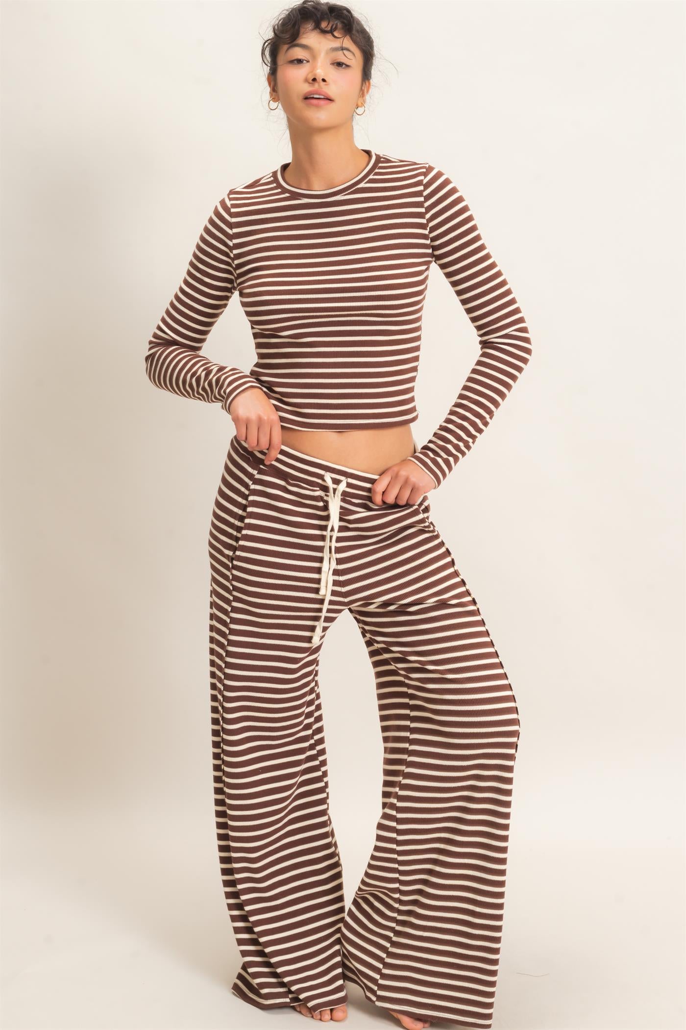 Wholesale Striped Waffle Long Sleeve Top & Pants Set Clothing DZ25F479-SET DARK BROWN DOUBLE ZERO