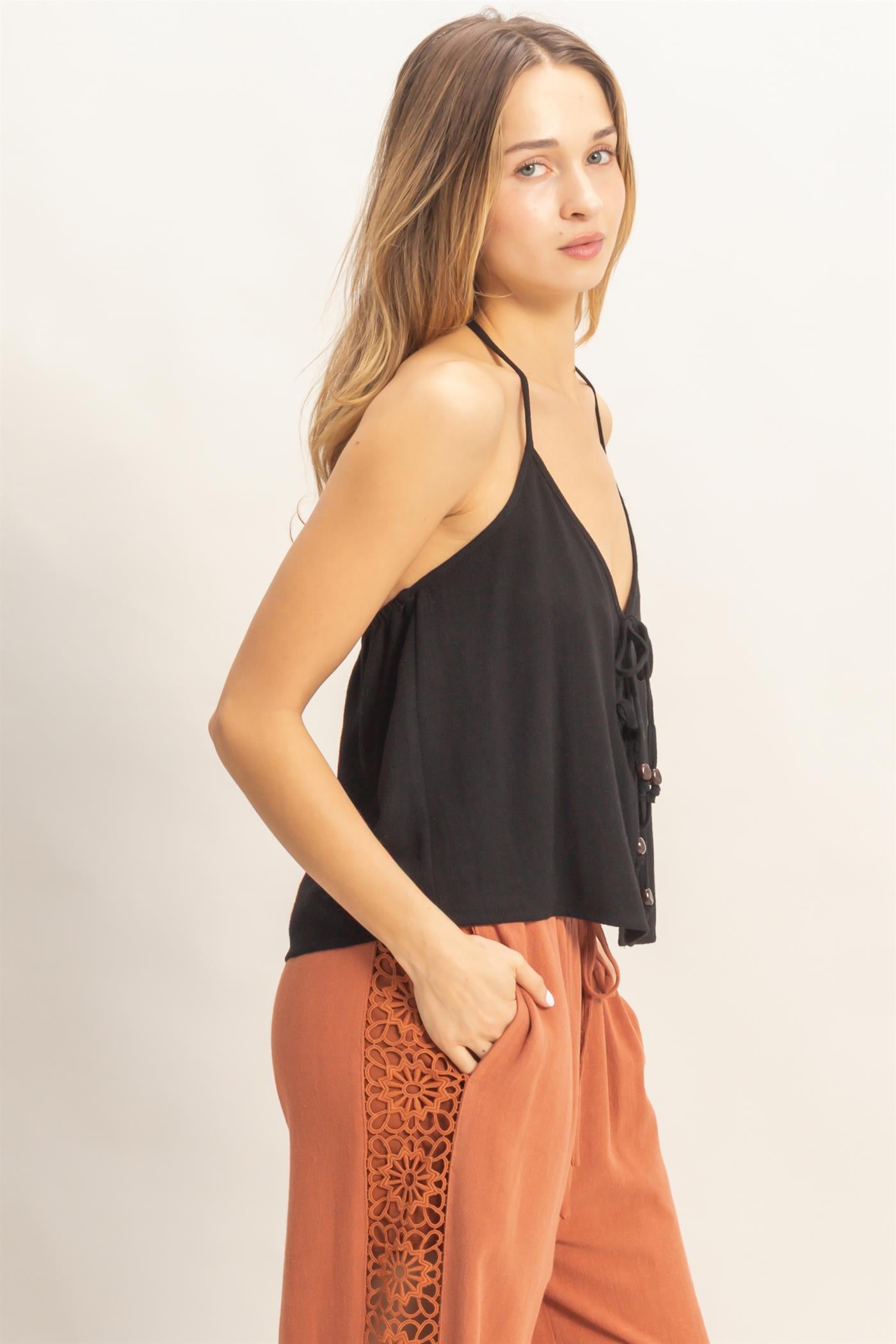 Wholesale Halter Tie Front Top With Beads Detail Blouses HF26A836 BLACK HYFVE