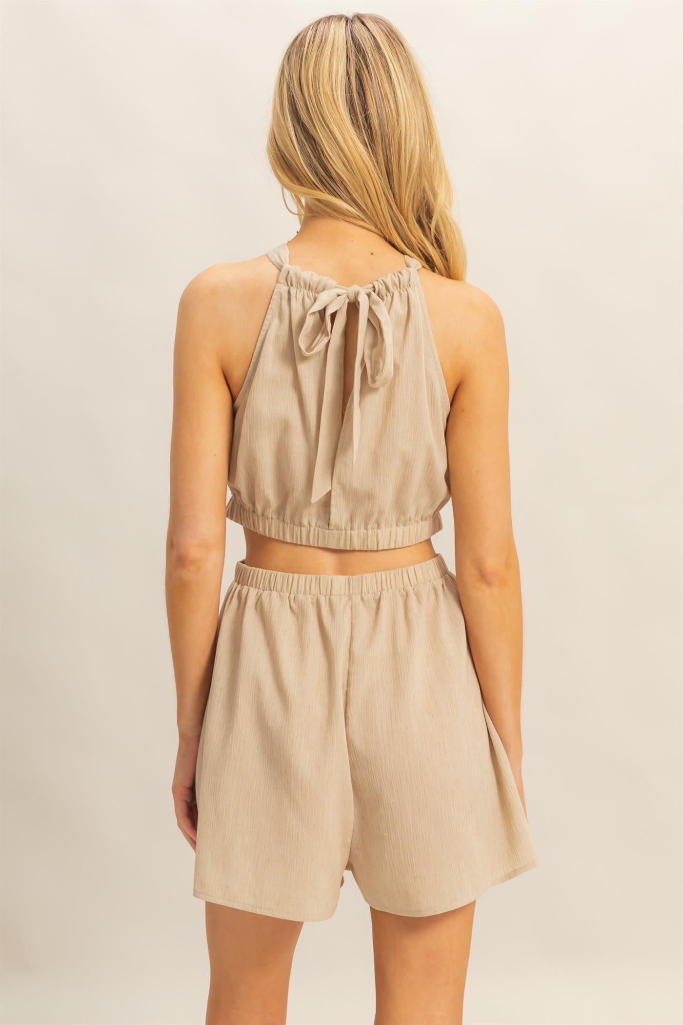 Wholesale Halter Neck Side Cutout Relaxed Fit Romper Clothing HF25A221 OATMEAL HYFVE