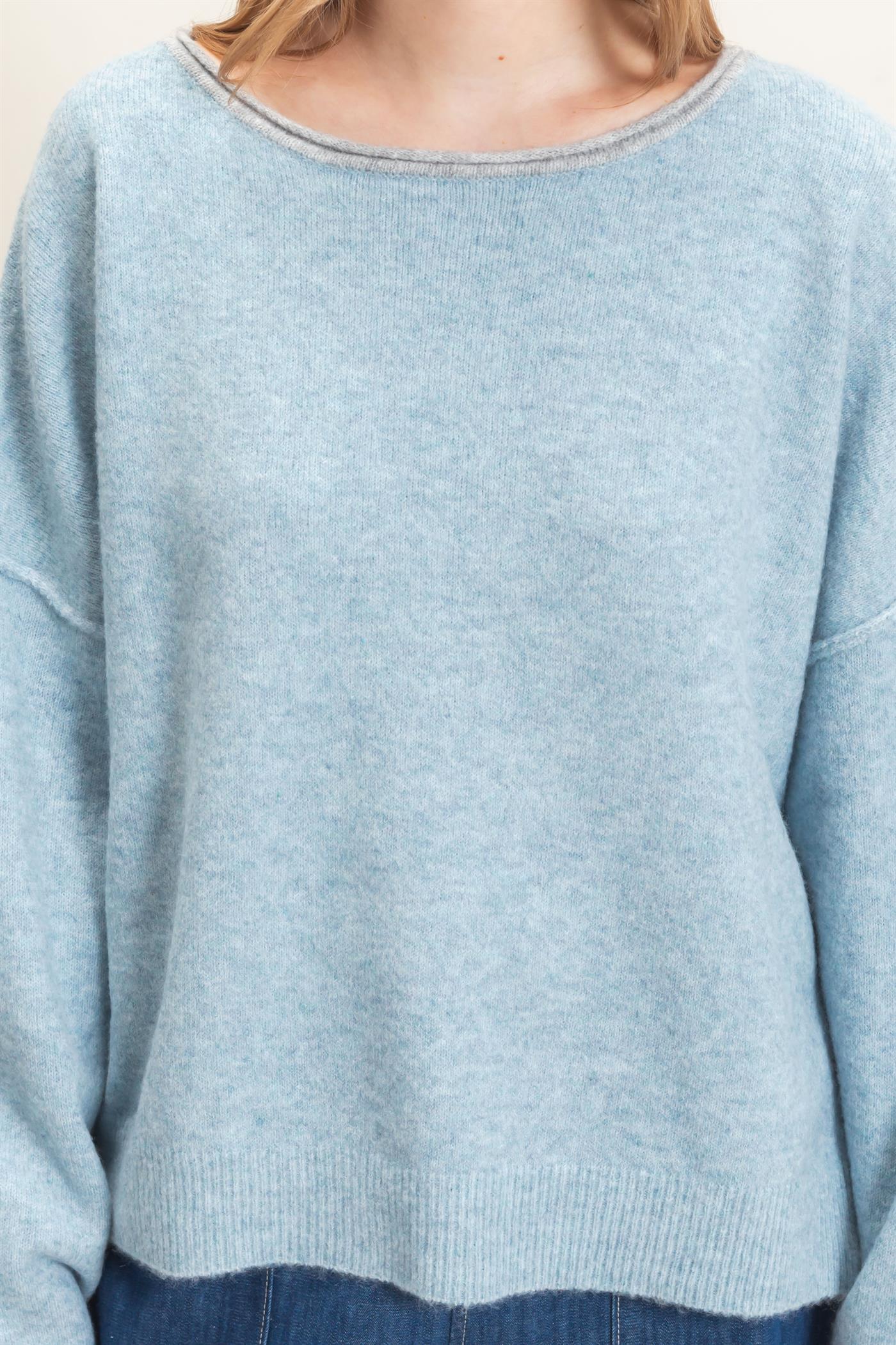 Wholesale Relaxed Wide Neck Knit Sweater Sweaters HF26E066-D LIGHT BLUE HYFVE