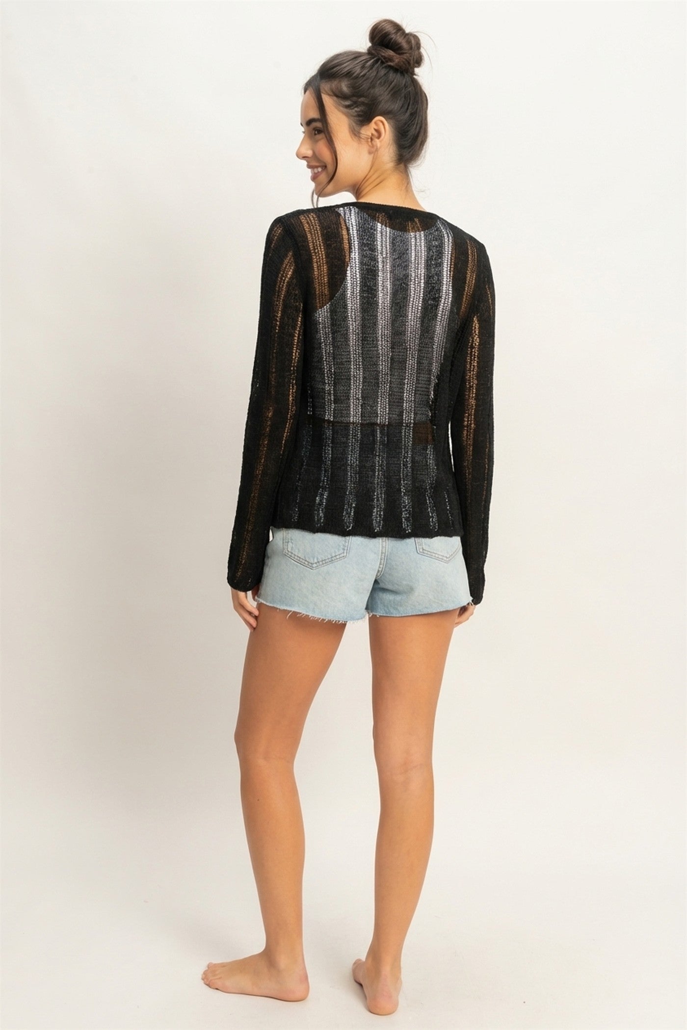 Wholesale Open Knit Cardigan Clothing Tops DZ24A501 BLACK DOUBLE ZERO