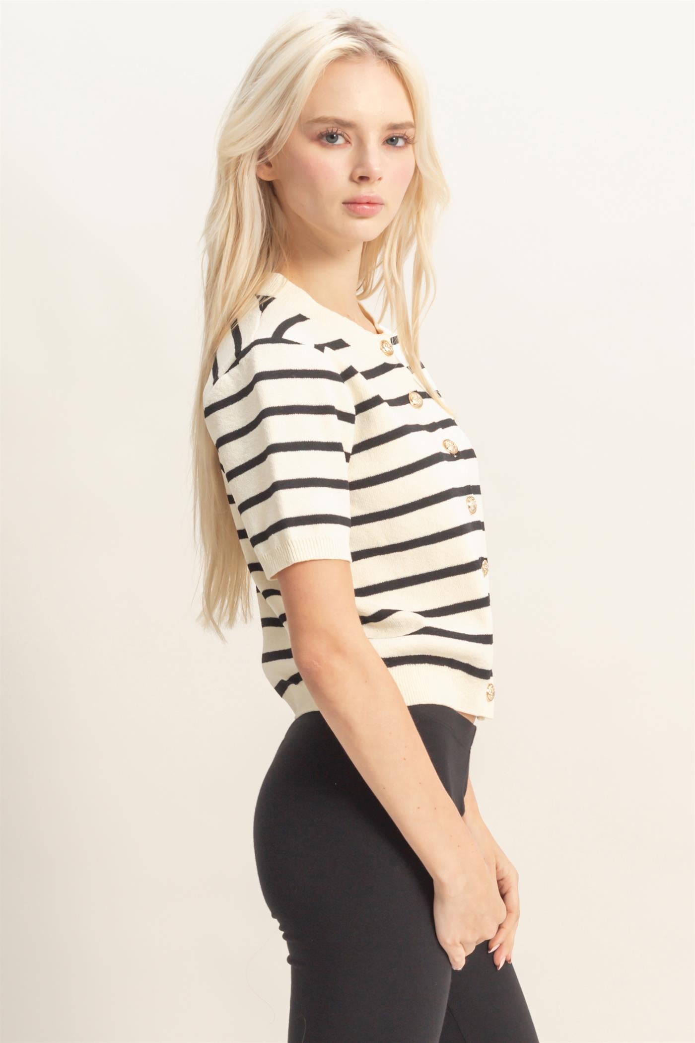 Wholesale Striped Short Sleeve Button Up Cardigan Cardigans DZ26A604 BLACK DOUBLE ZERO