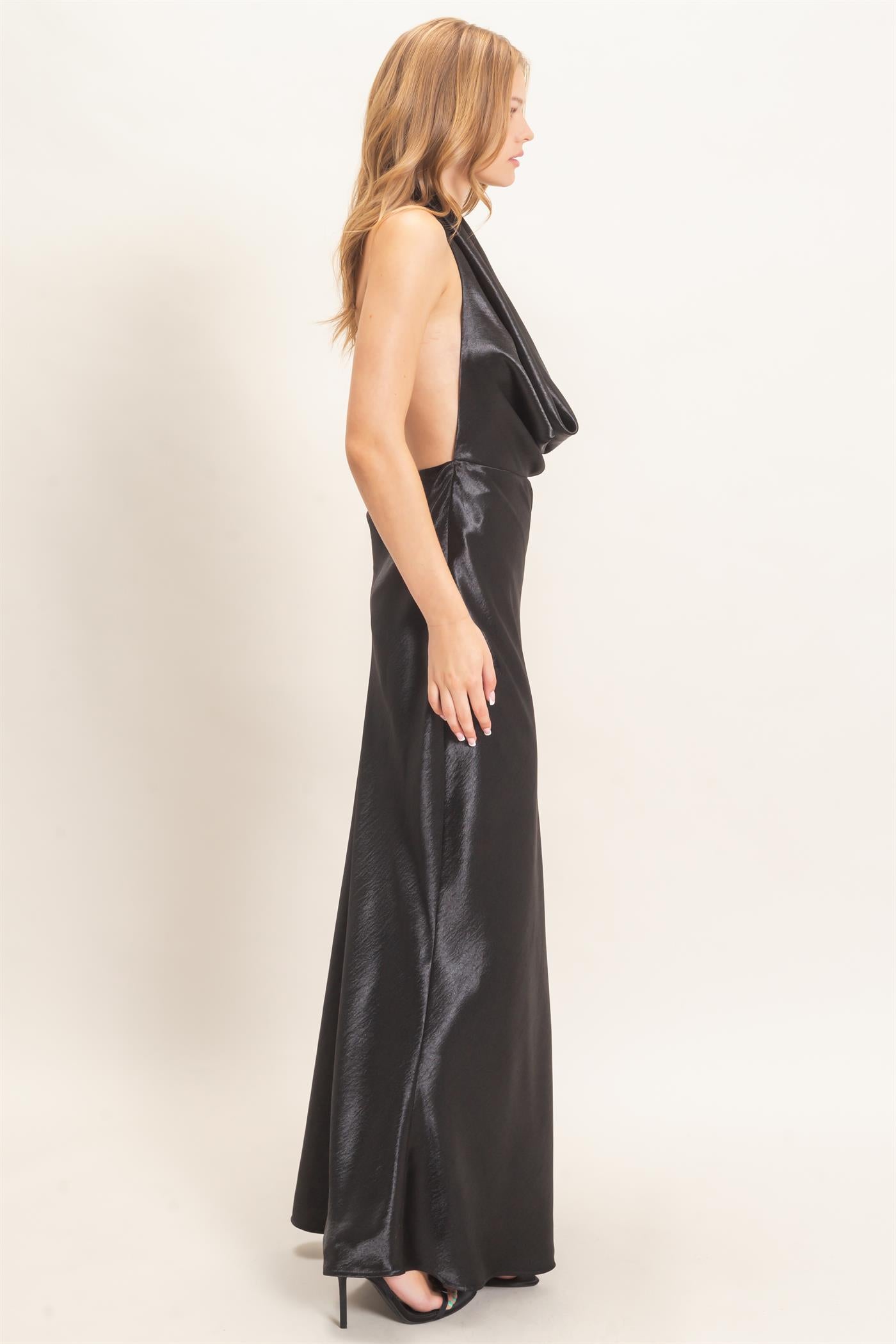 Wholesale Satin Cowl Neck Maxi Dress Dresses HF26F216-D BLACK HYFVE