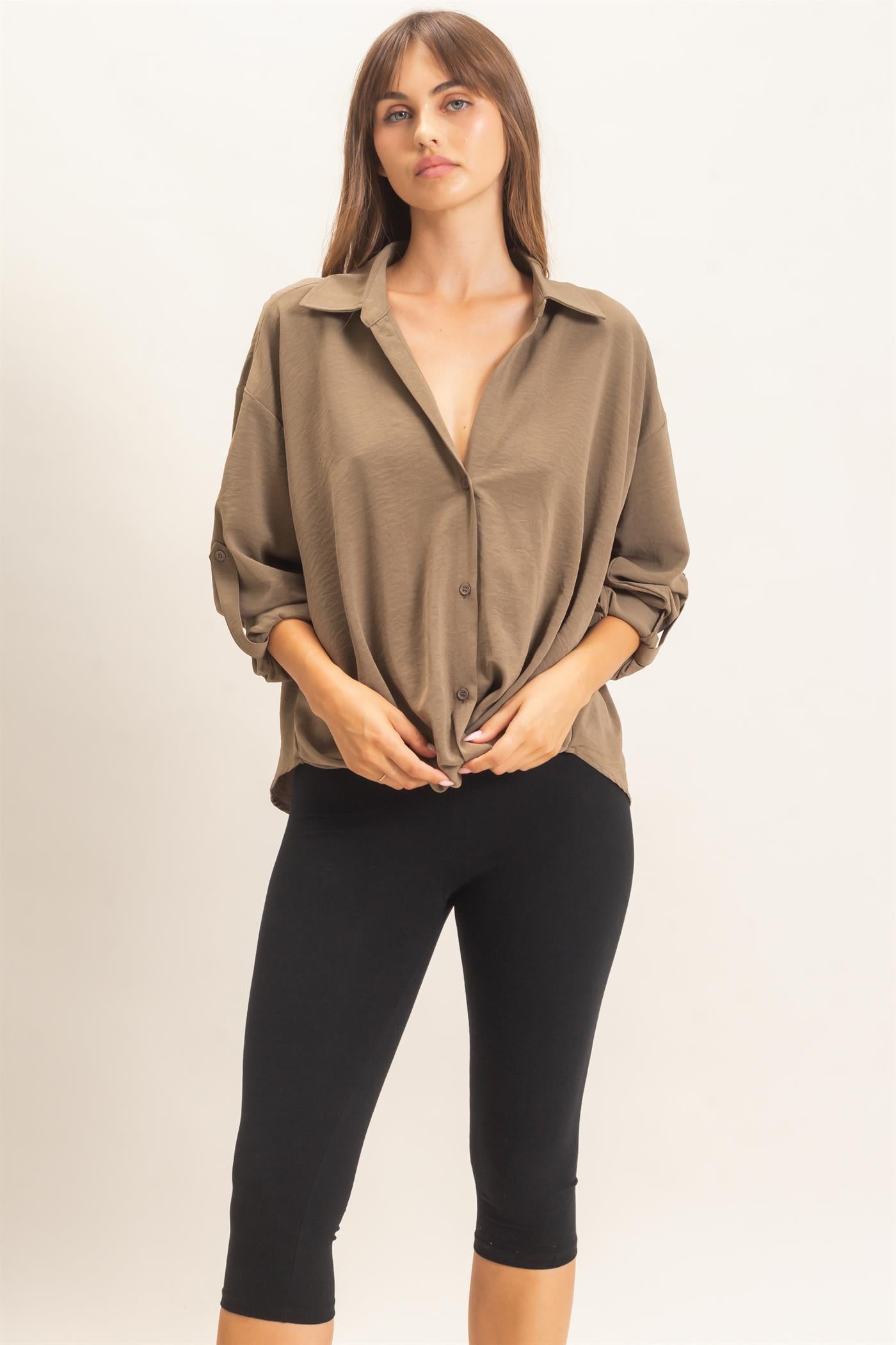 Wholesale Button-Up Dolman Sleeve Top Shirts HF26F070 OLIVE HYFVE