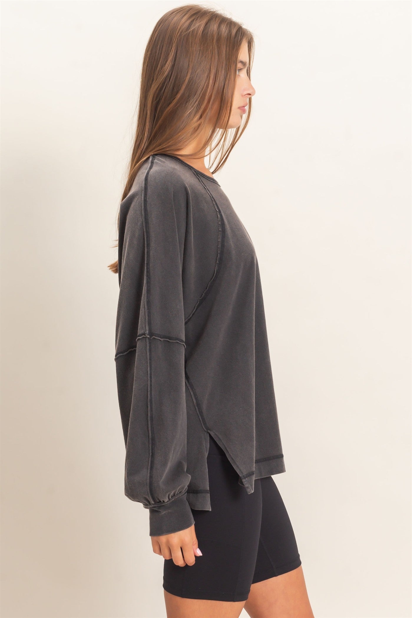 Wholesale Raglan Sleeve Snow Wash Top Shirts DZ26E945 BLACK DOUBLE ZERO