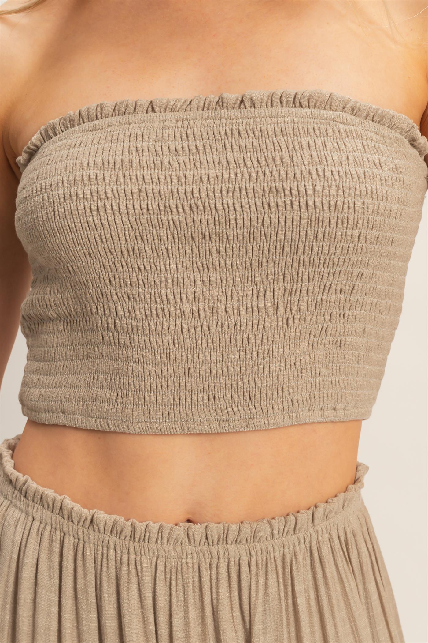 Wholesale Smocked Tube Top & Tiered Skirt Set Clothing HF26C289-SET-D TAUPE HYFVE
