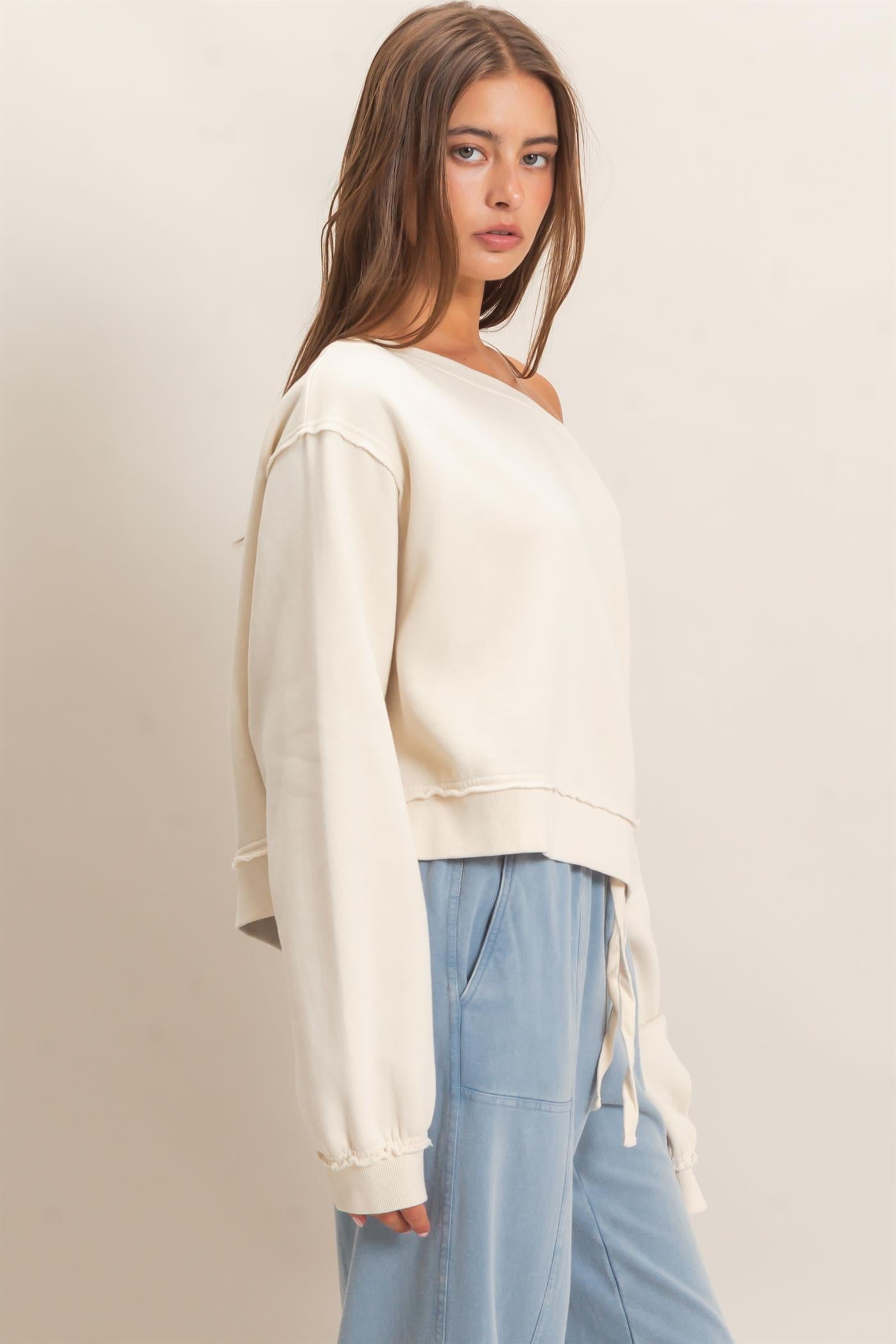 Wholesale Raw Edge Acid Wash Off The Shoulder Sweatshirt Sweatshirts DZ26F013 ALPACA DOUBLE ZERO