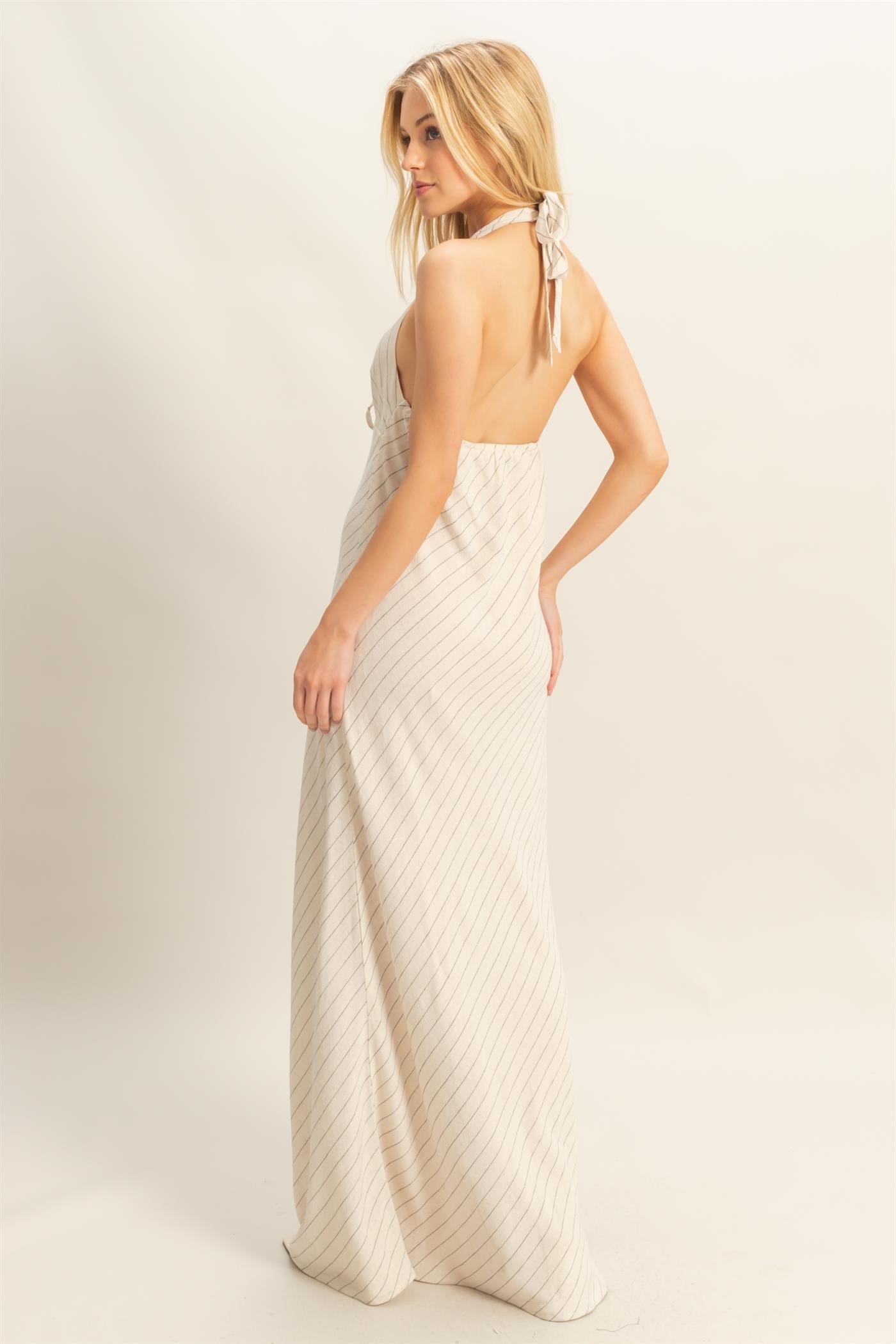 Wholesale Striped Halter Neck Linen Maxi Dress Dresses HF25C373 OATMEAL HYFVE