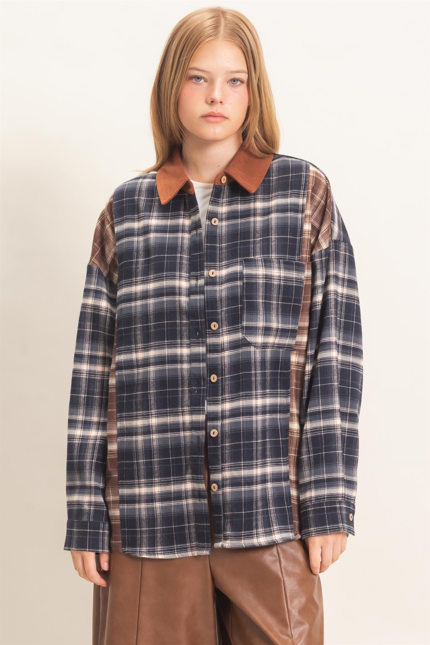Wholesale Plaid Button-Up Shirt With Corduroy Collar Shirts HF26E157 BLACK HYFVE