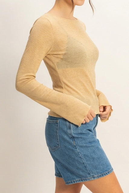 Wholesale Ribbed Long Sleeve Top Clothing Tops DZ24C196 SAND DOUBLE ZERO