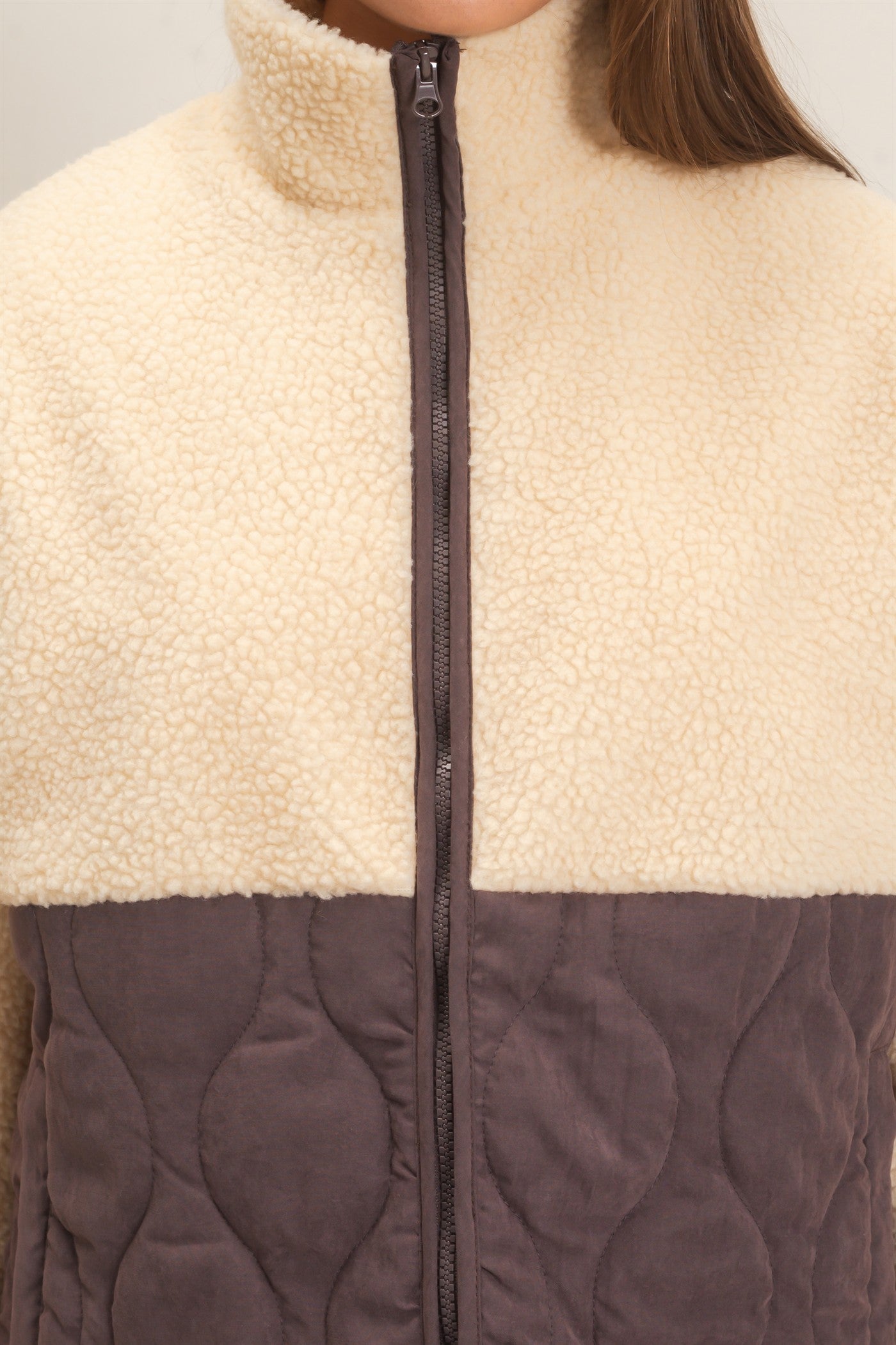 Wholesale Quilted Sherpa Zip Up Jacket Coats & Jackets DZ26F259 DARK BROWN DOUBLE ZERO