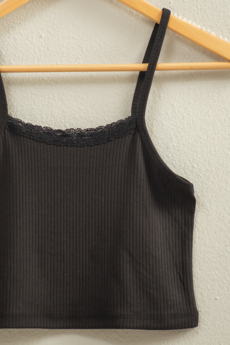 Wholesale Ribbed Lace Detail Cami Crop Top Clothing Tops DZ22C573 BLACK DOUBLE ZERO