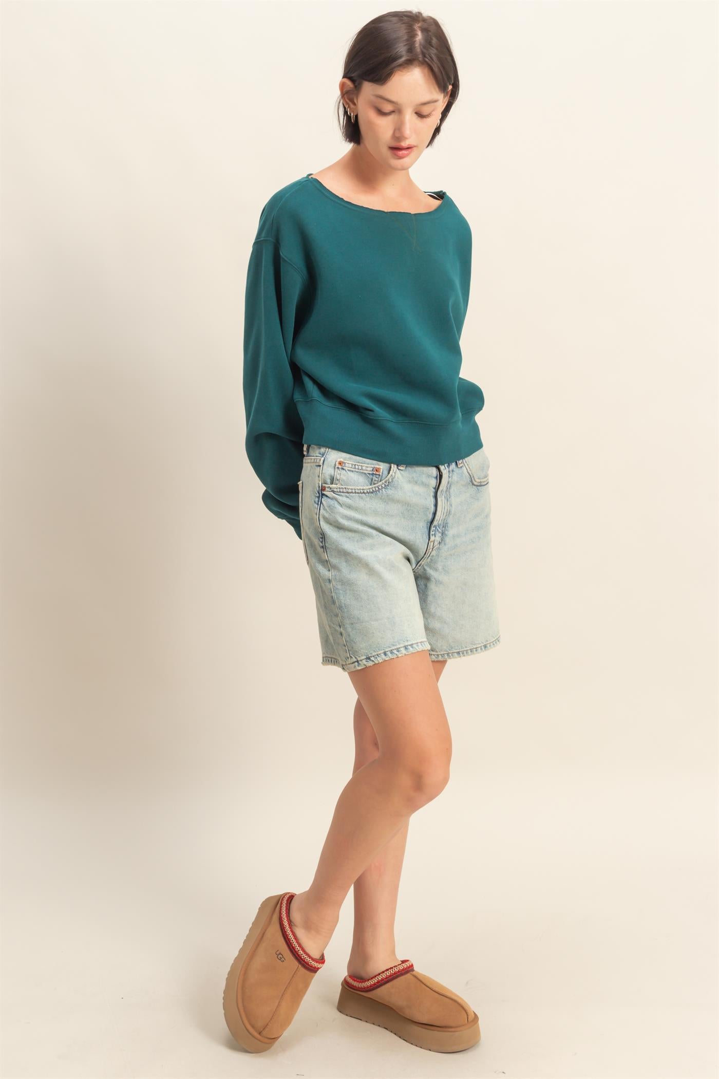 Wholesale Boatneck Long Sleeve Pullover Sweatshirt Sweatshirts DZ25E407 DEEP GREEN DOUBLE ZERO