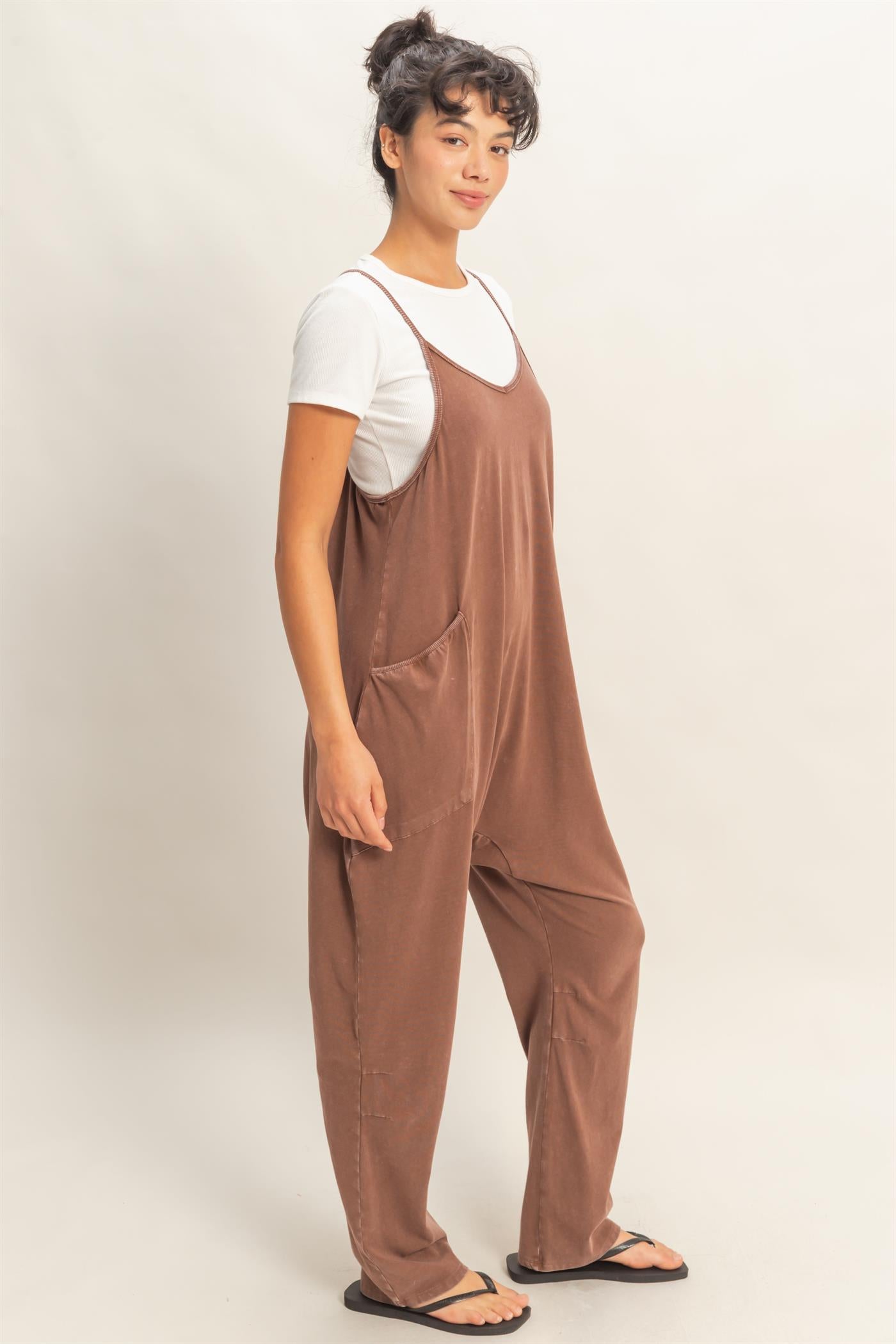 Wholesale Mineral Wash Spaghetti Strap Jumpsuit Clothing DZ26C375 CHOCOLATE DOUBLE ZERO