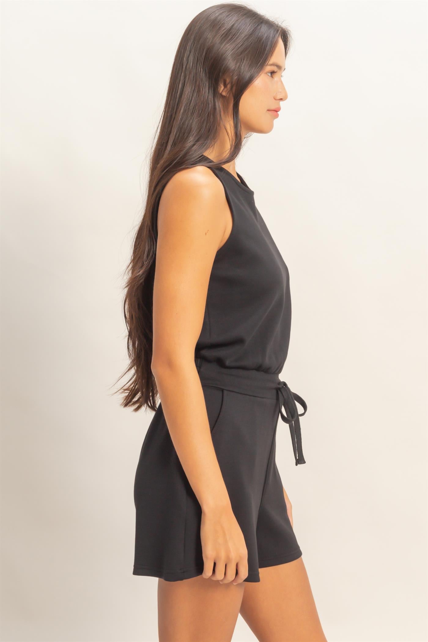 Wholesale Drawstring Waist Sleeveless Romper Clothing DZ26C732 BLACK DOUBLE ZERO