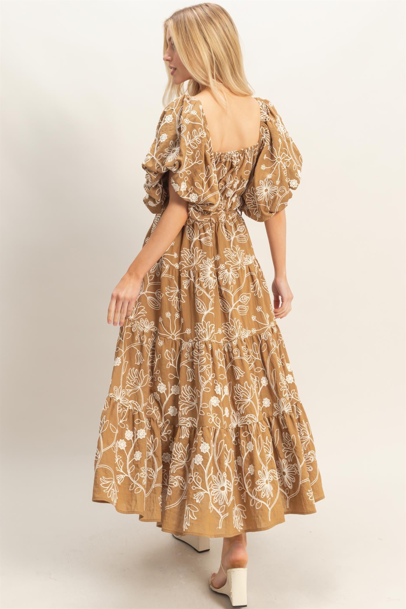 Wholesale Floral Puff Sleeve Midi Dress Dresses HF26C777-D LIGHT BROWN HYFVE
