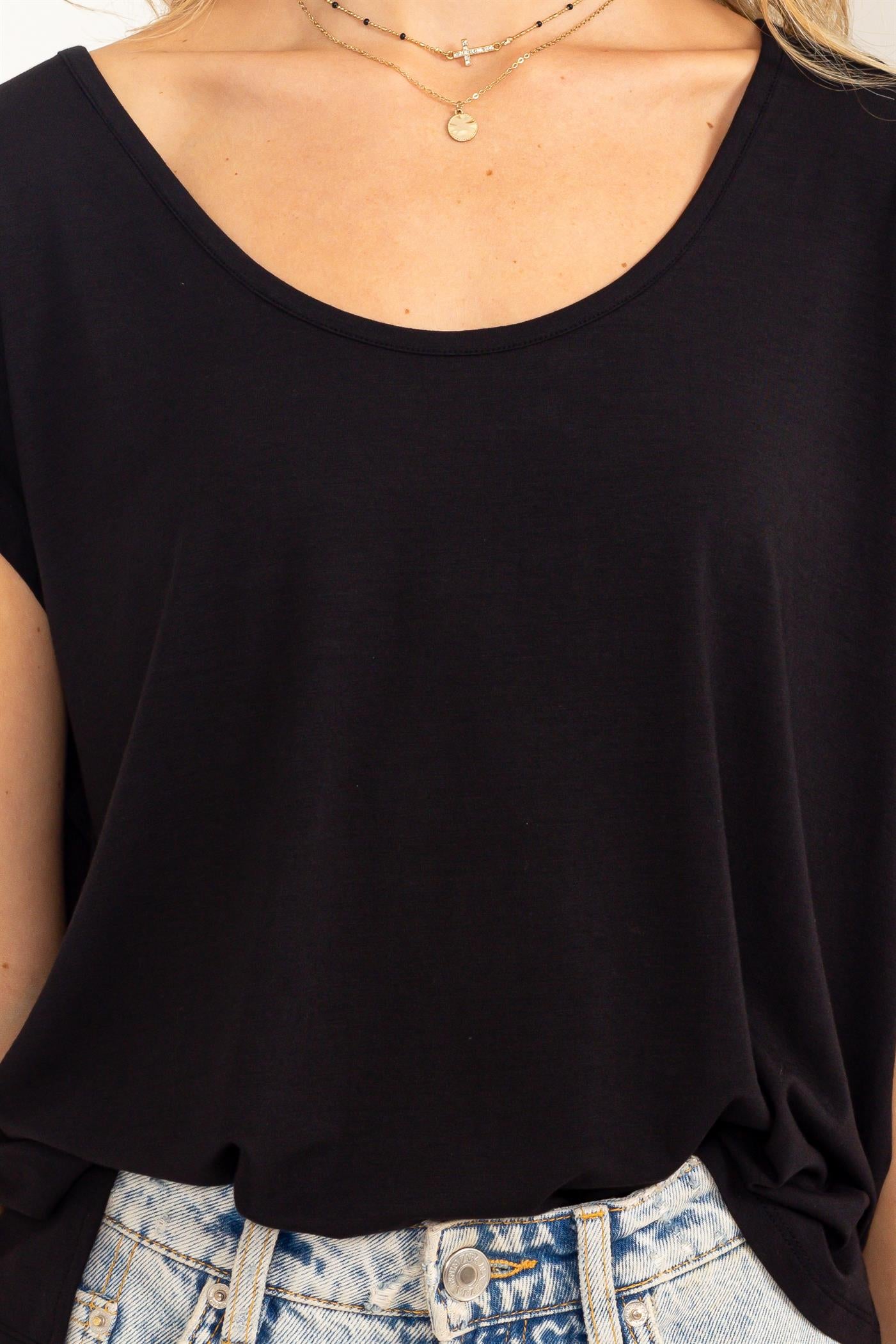 Wholesale Scoop Neck Short Sleeves Top Clothing Tops DZ23C788 BLACK DOUBLE ZERO