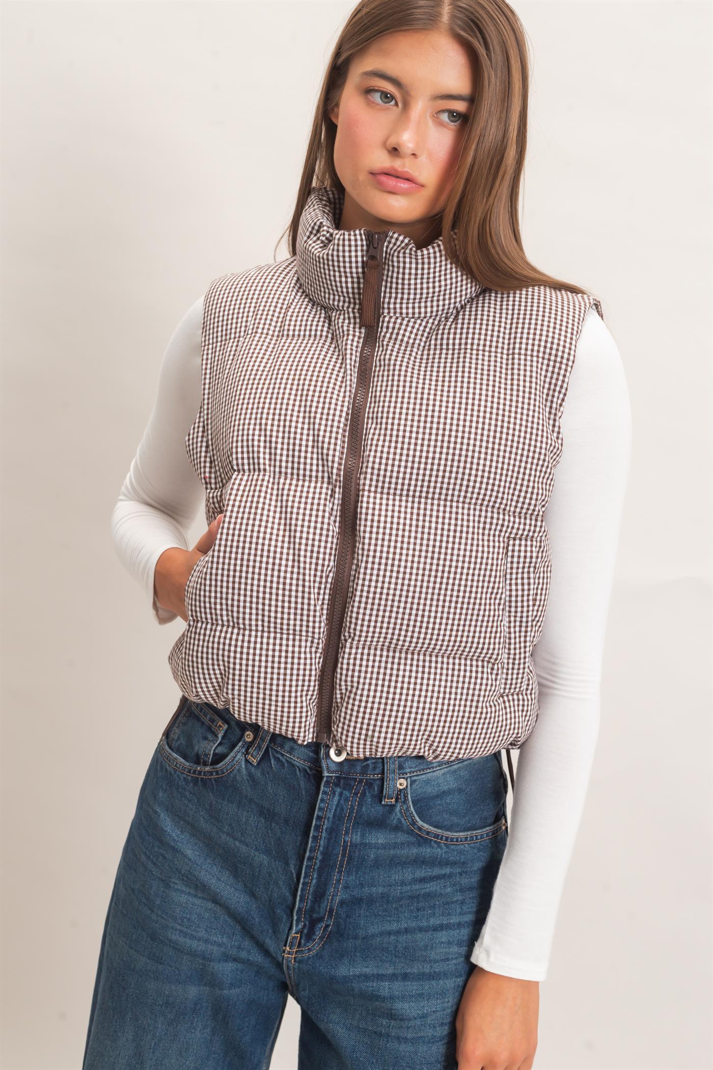 Wholesale Gingham Puffer Vest Vests DZ26F309 BROWN DOUBLE ZERO