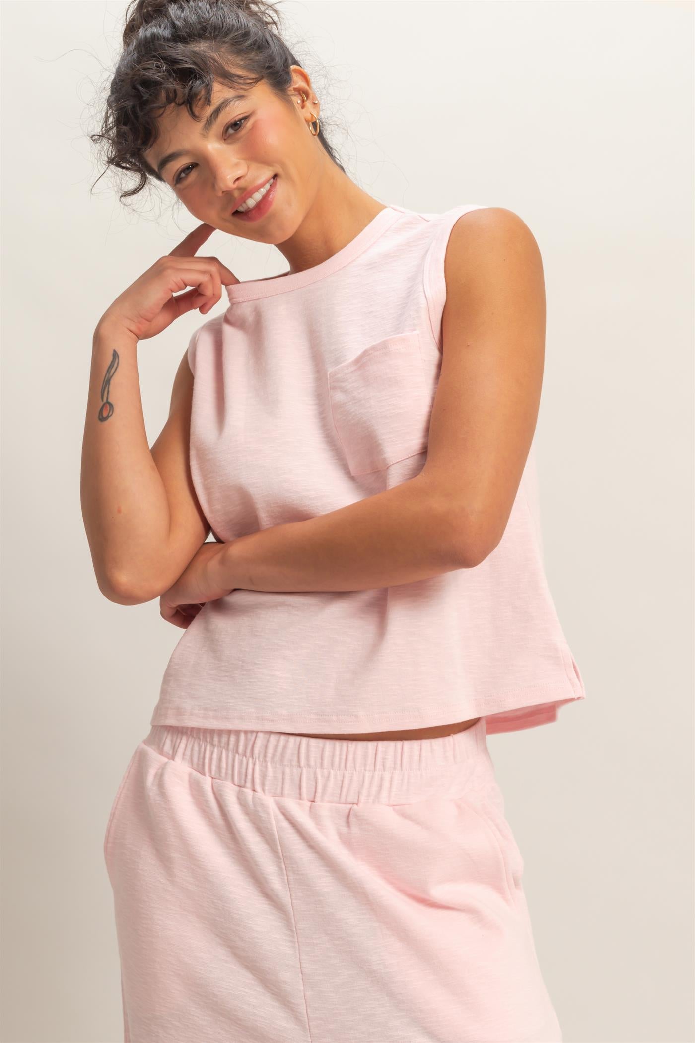 Wholesale Sleeveless Cotton Top With Pocket Clothing Tops DZ26A234 SOFT PINK DOUBLE ZERO