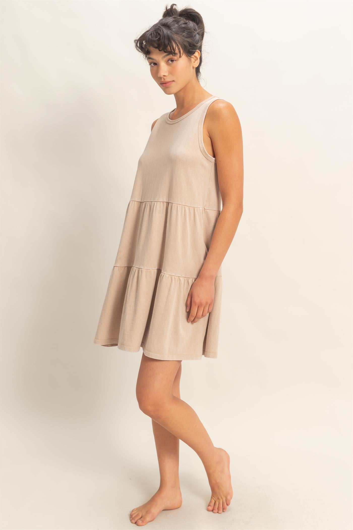 Wholesale Sleeveless Crewneck Tiered Mini Dress Dresses DZ26C208 DARK TAUPE DOUBLE ZERO