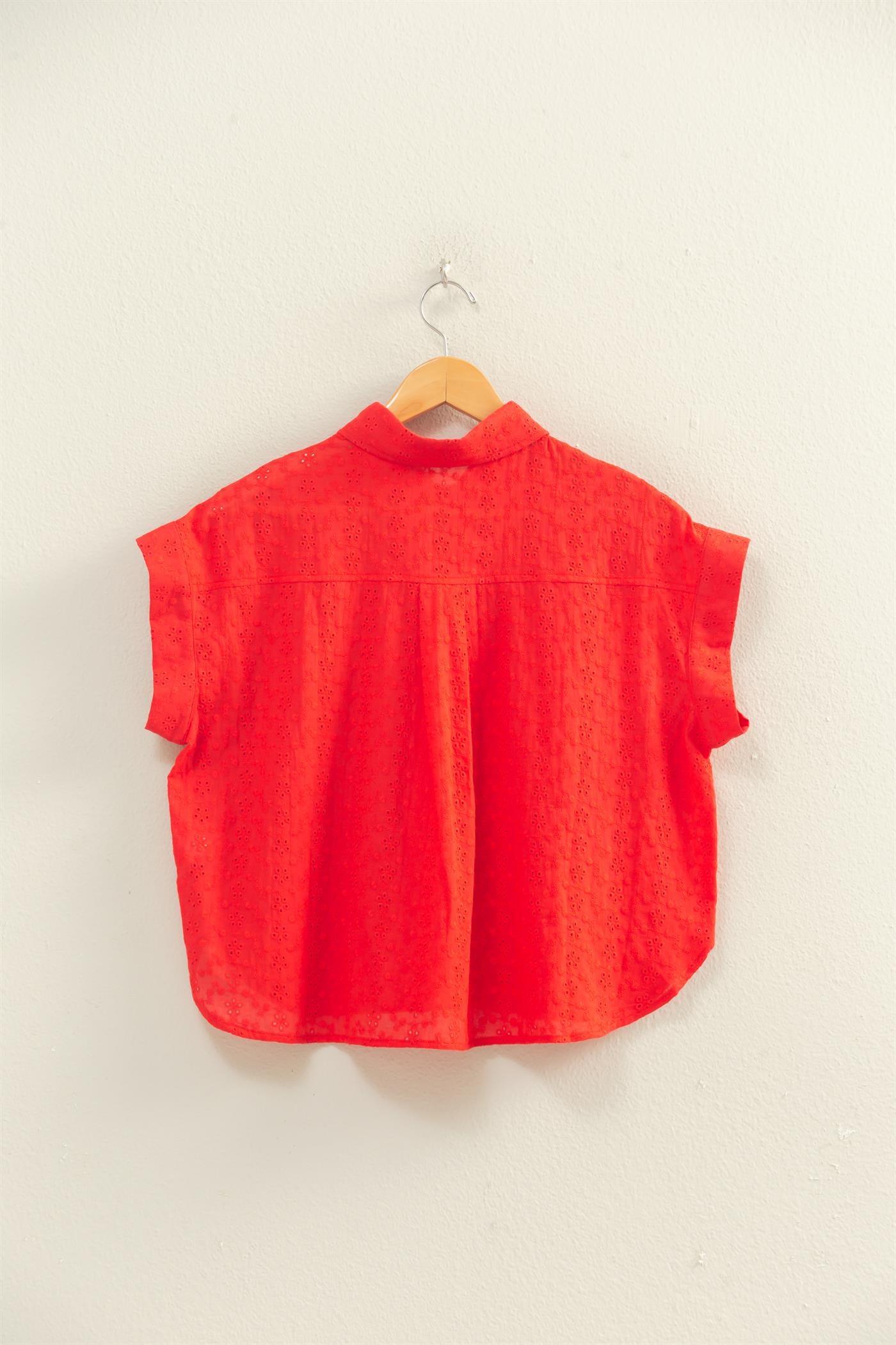 Wholesale Eyelet Dolman Short Sleeve Button Up Shirt Clothing Tops DZ26C088 RED DOUBLE ZERO