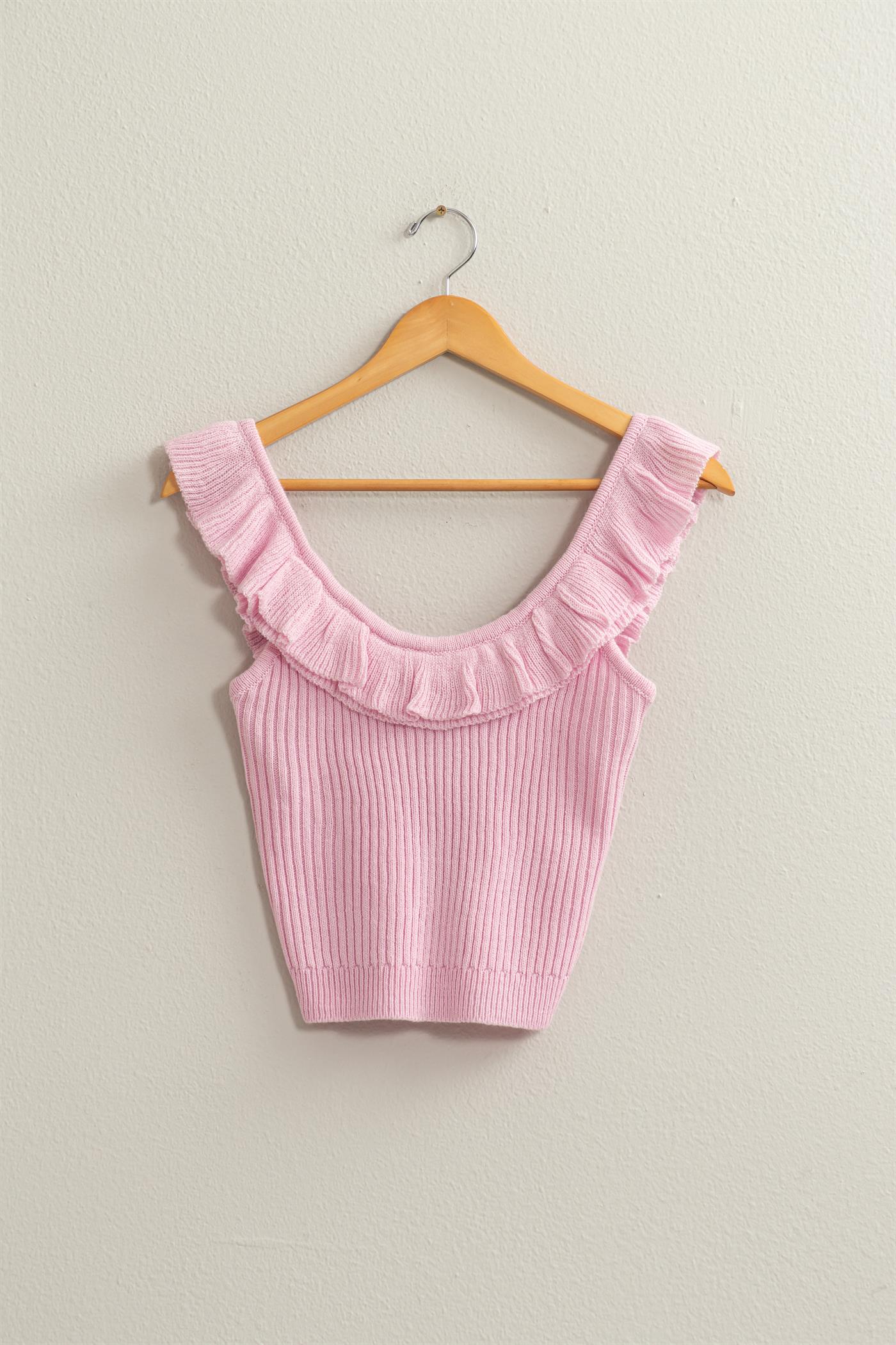 Wholesale Ribbed Ruffle Crop Top Clothing Tops DZ24A505 PALE PINK DOUBLE ZERO