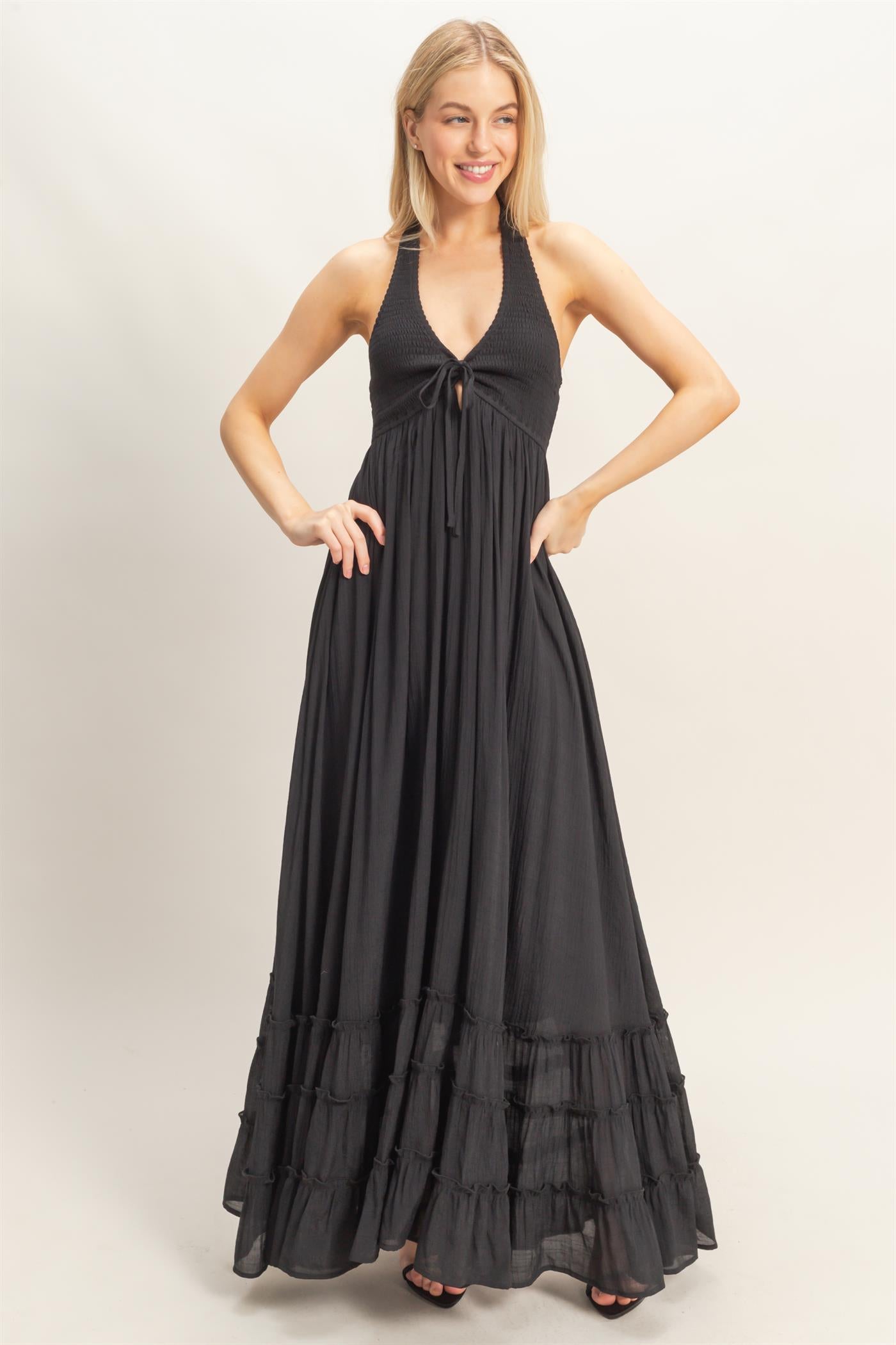 Wholesale Halter Neck Smocked Maxi Dress Dresses HF26C287-D BLACK HYFVE