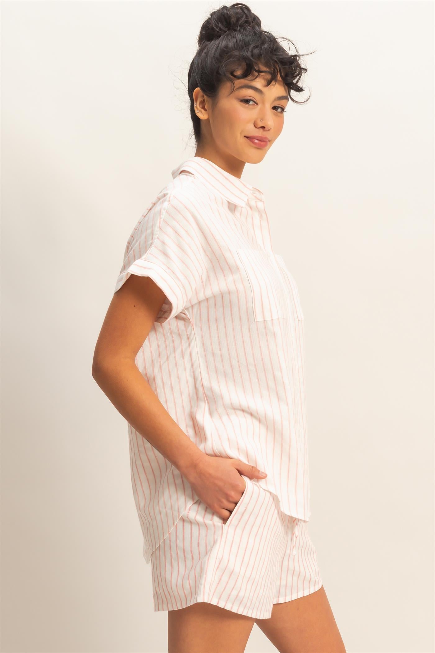 Wholesale Striped Button-Up Dolman Sleeve Shirt Shirts DZ26A207 PINK DOUBLE ZERO