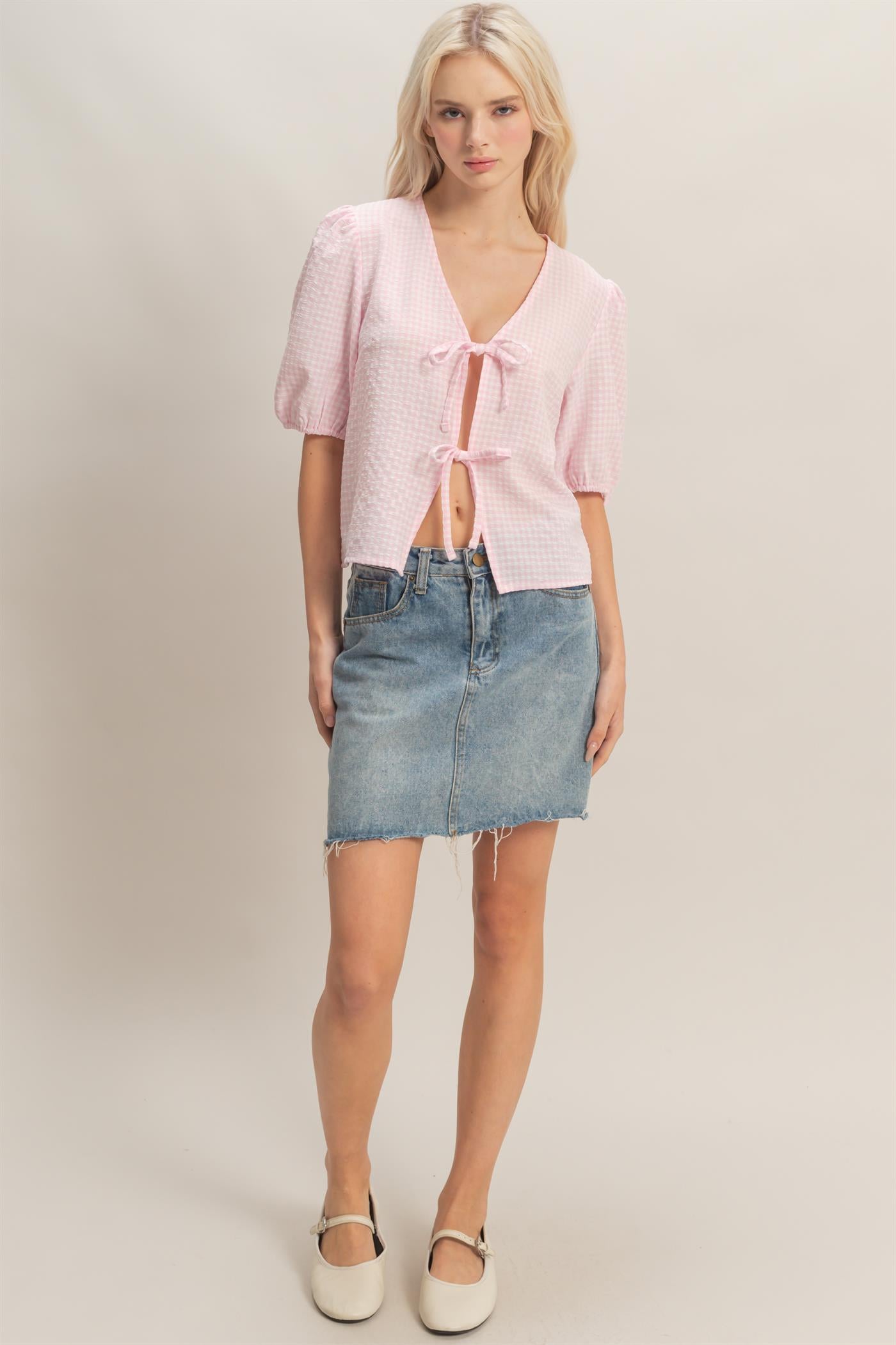 Wholesale Gingham Bow Tie Puff Sleeve Blouse Blouses DZ26C229 PINK DOUBLE ZERO