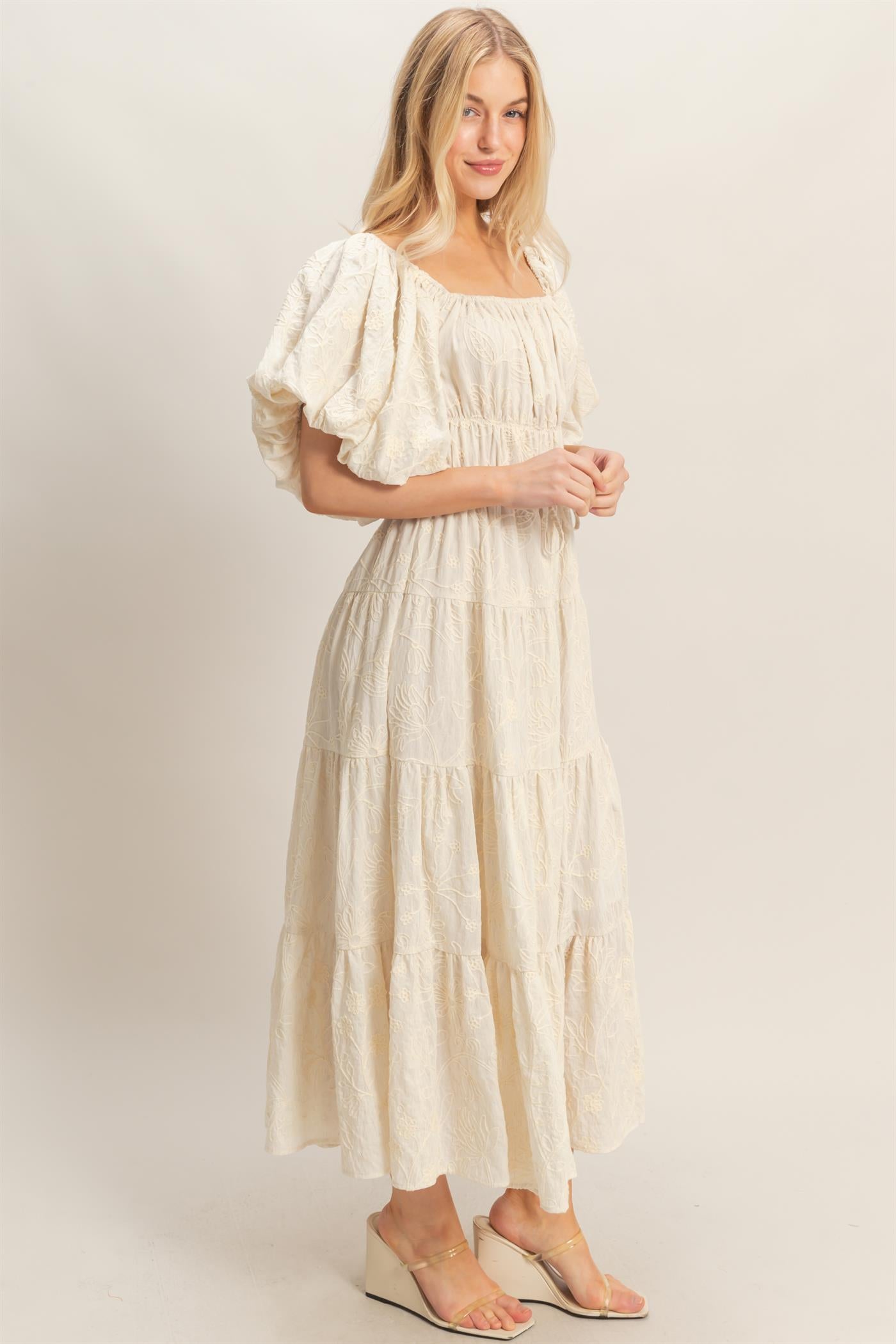 Wholesale Floral Puff Sleeve Midi Dress Dresses HF26C777-D CREAM HYFVE