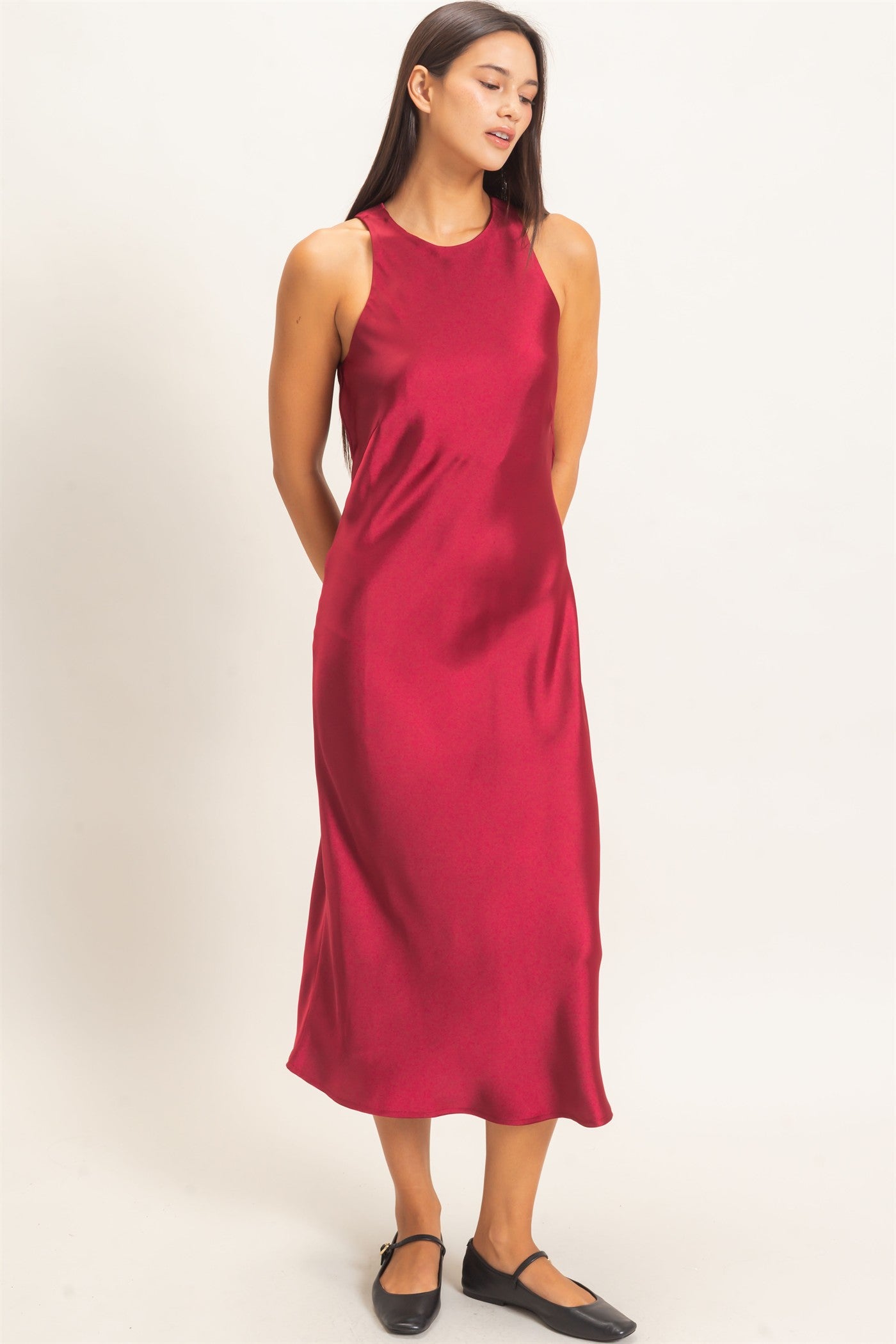 Wholesale Sleeveless Satin Midi Dress Dresses DZ26E257 BURGUNDY DOUBLE ZERO