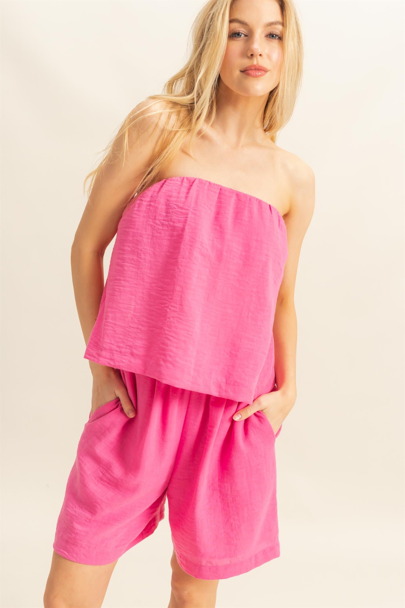 Wholesale Tube Top And Flowy Shorts Set Clothing HF25A273-SET MAGENTA HYFVE