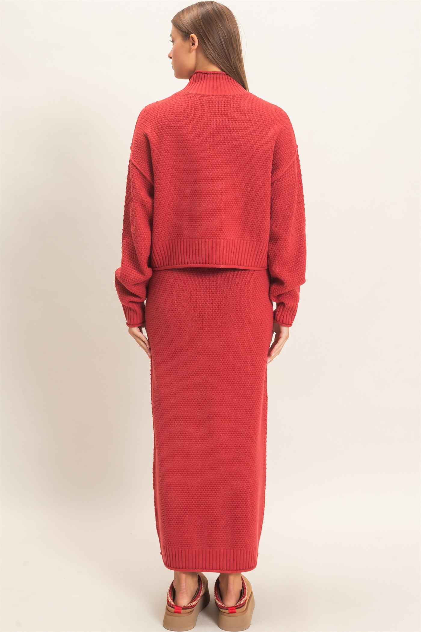 Wholesale High Neck Long Sleeve Top & Maxi Skirt Set Clothing DZ26E272-SET DARK RED DOUBLE ZERO