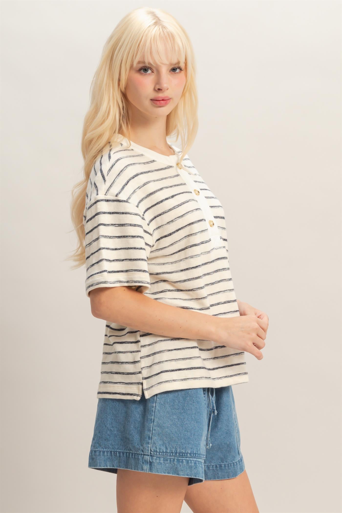 Wholesale Striped Short Sleeve Henley Top Clothing Tops DZ26A653 BLACK DOUBLE ZERO