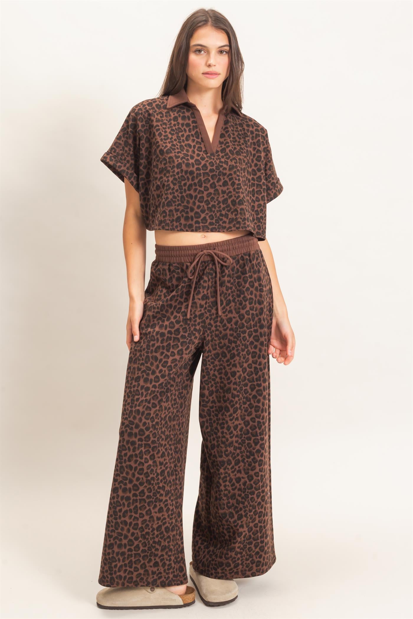Wholesale Leopard Print Top And Pant Set Clothing HF26E704-SET BROWN HYFVE