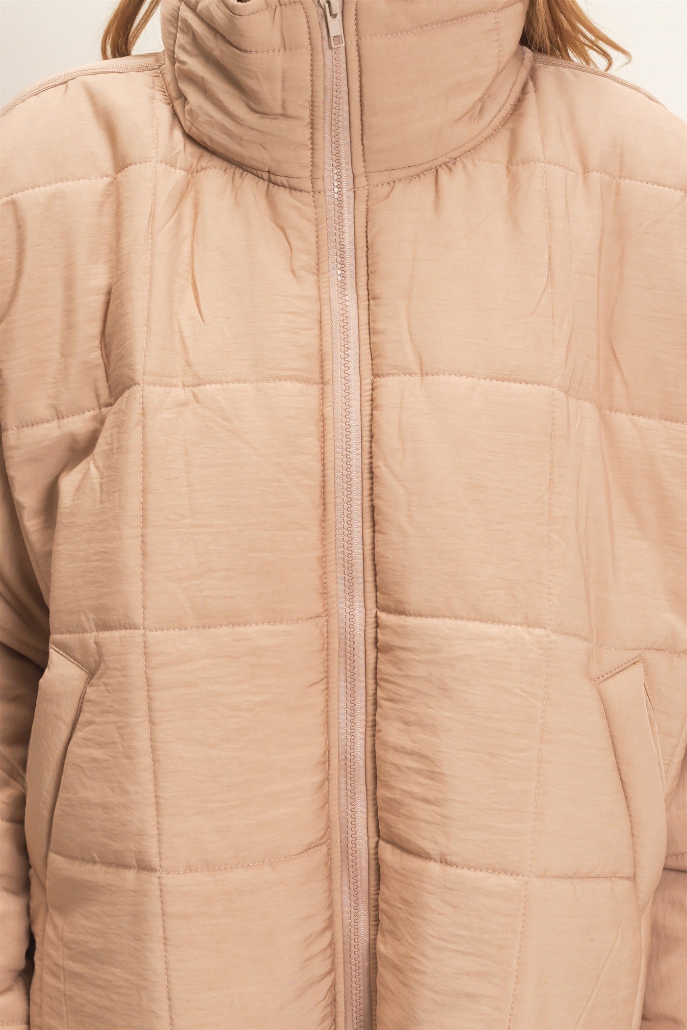 Wholesale Quilted Mock Neck Zip-Up Puffer Jacket Coats & Jackets HF26C865 LIGHT BROWN HYFVE