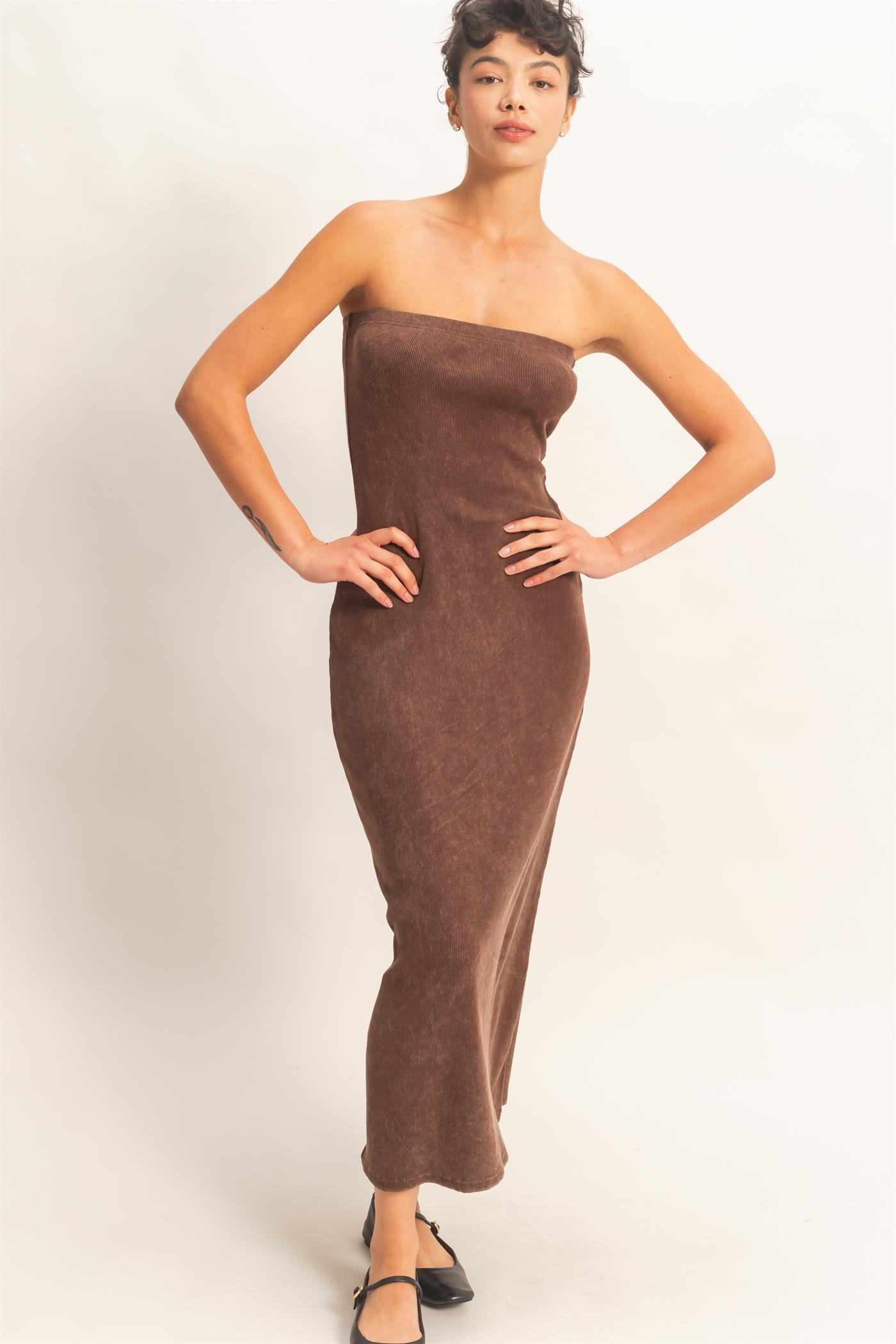 Wholesale Acid Washed Ribbed Midi Tube Dress Dresses DZ26C620 CHOCOLATE DOUBLE ZERO
