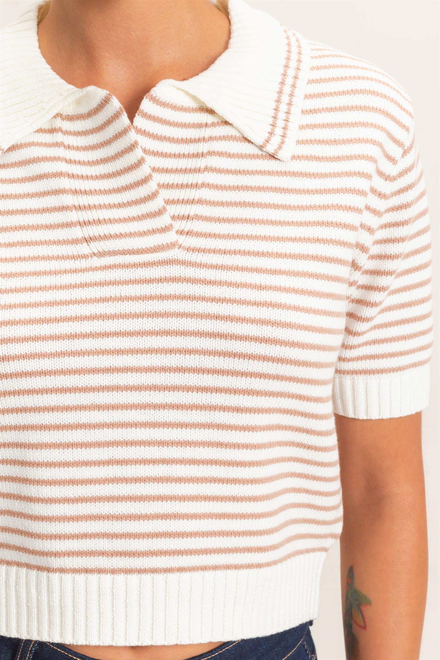Wholesale Striped Short Sleeve Collar Knit Top Clothing Tops DZ26E261 DARK TAUPE DOUBLE ZERO