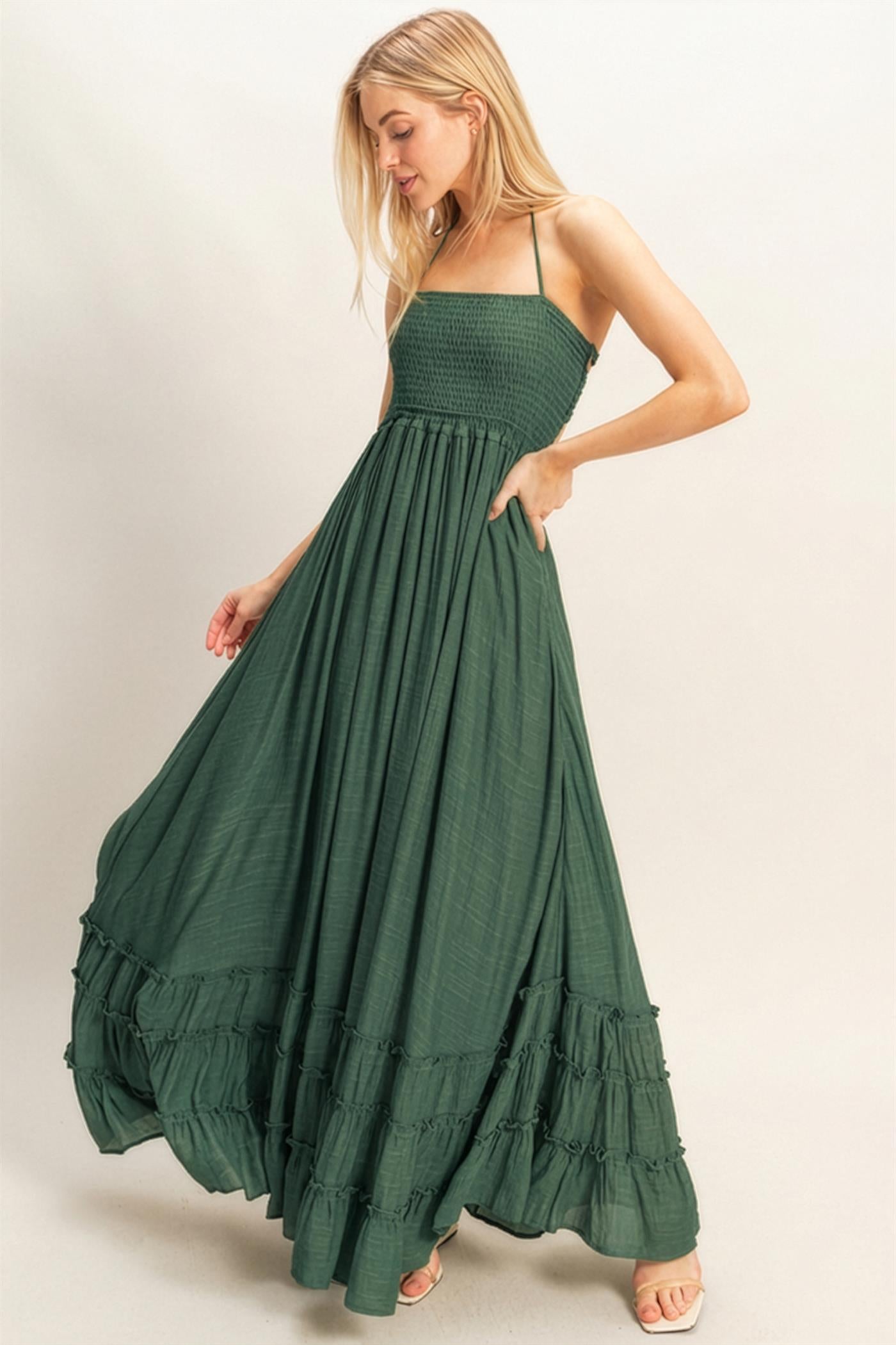 Wholesale Smocked Halter Maxi Dress Dresses HF26C290-D HUNTER GREEN HYFVE