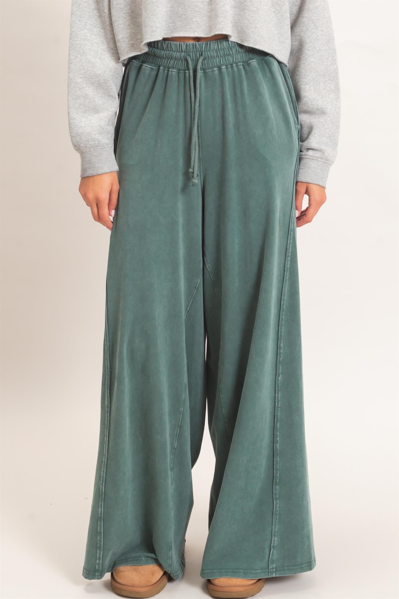 Wholesale Wide Leg Mineral Wash Pants Pants DZ26F406 DARK GREEN DOUBLE ZERO