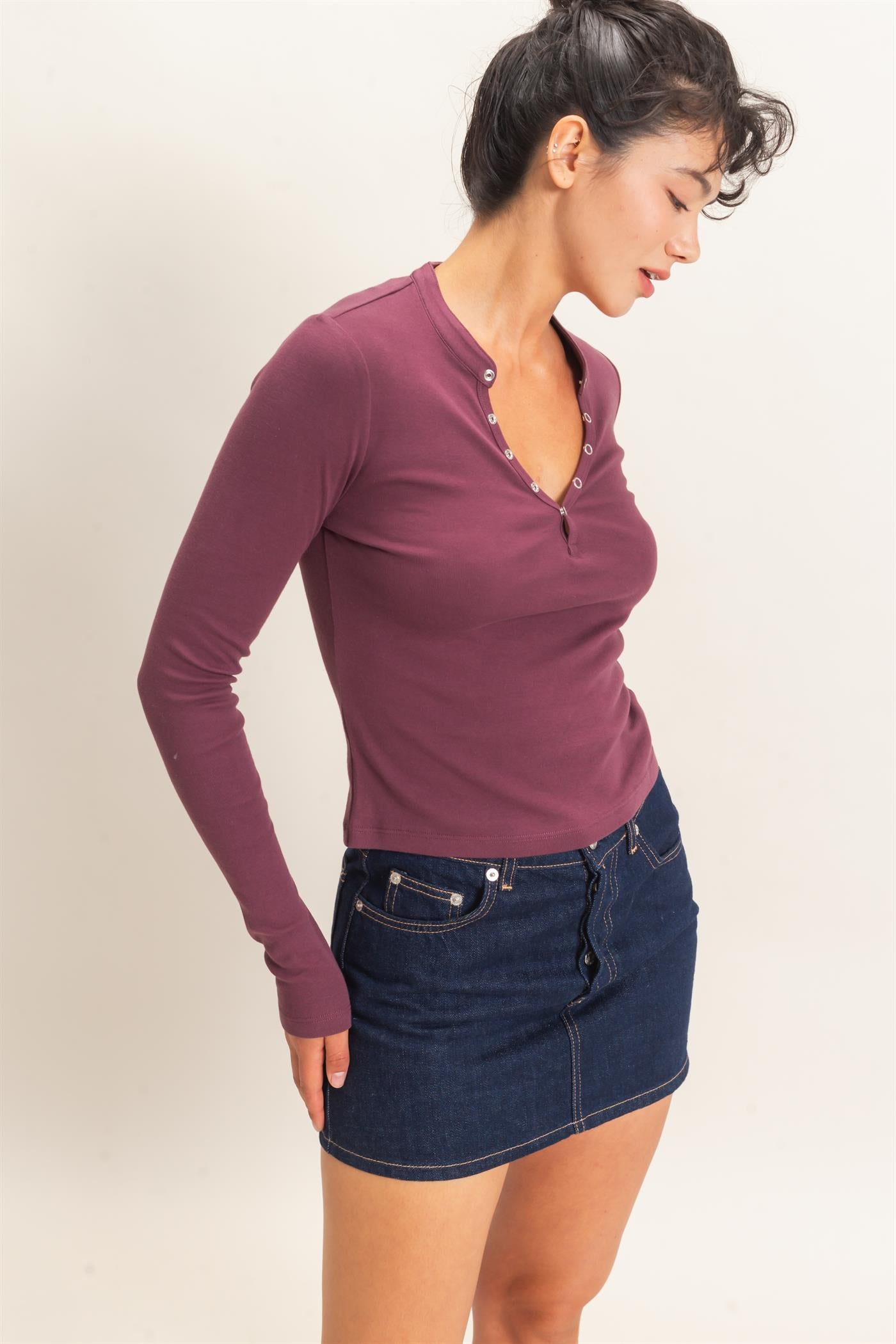 Wholesale Long Sleeve Henley Top Clothing Tops DZ26E865 DARK CHERRY DOUBLE ZERO