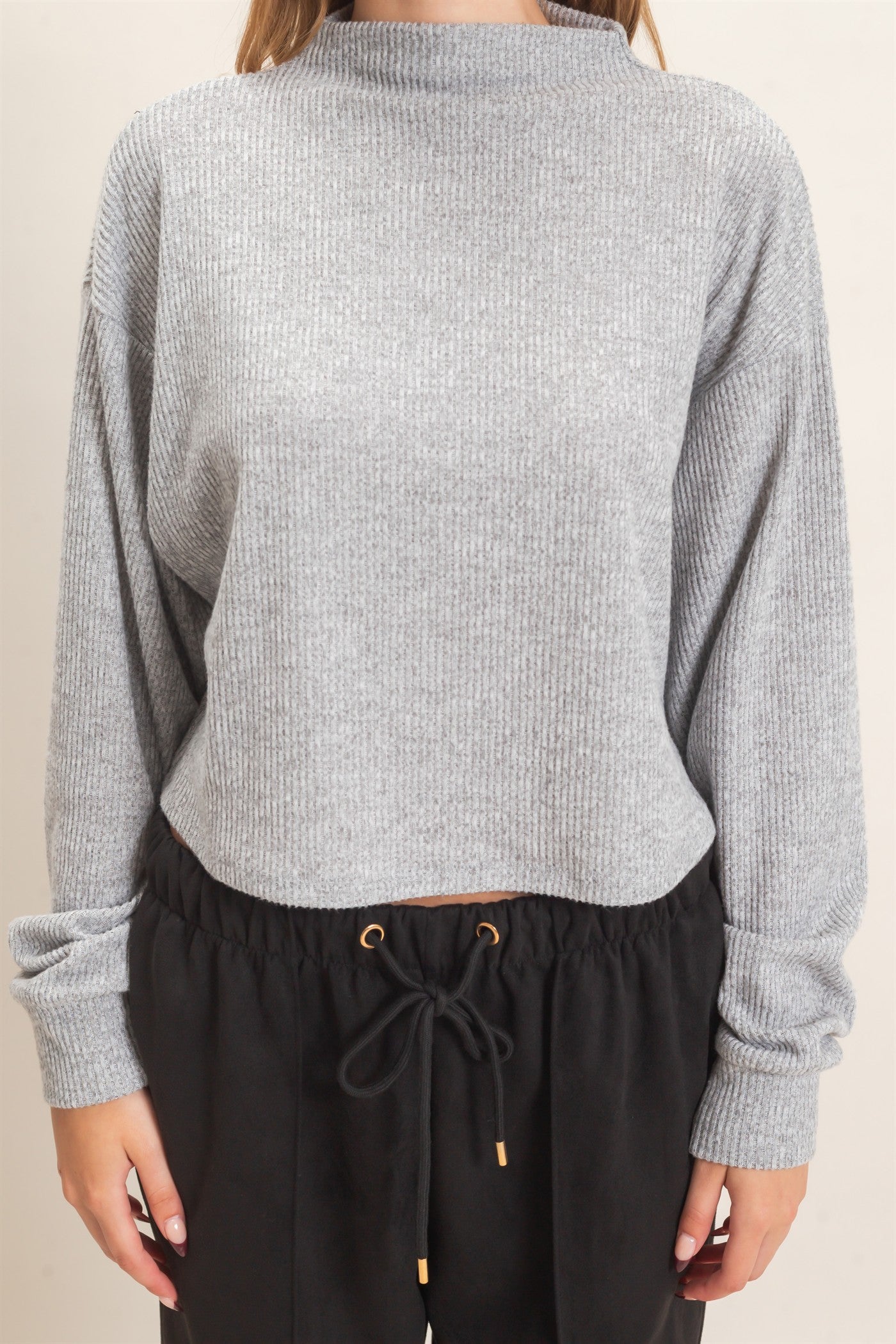 Wholesale Ribbed Mock Neck Top Clothing Tops HF26F030 GRAY HYFVE