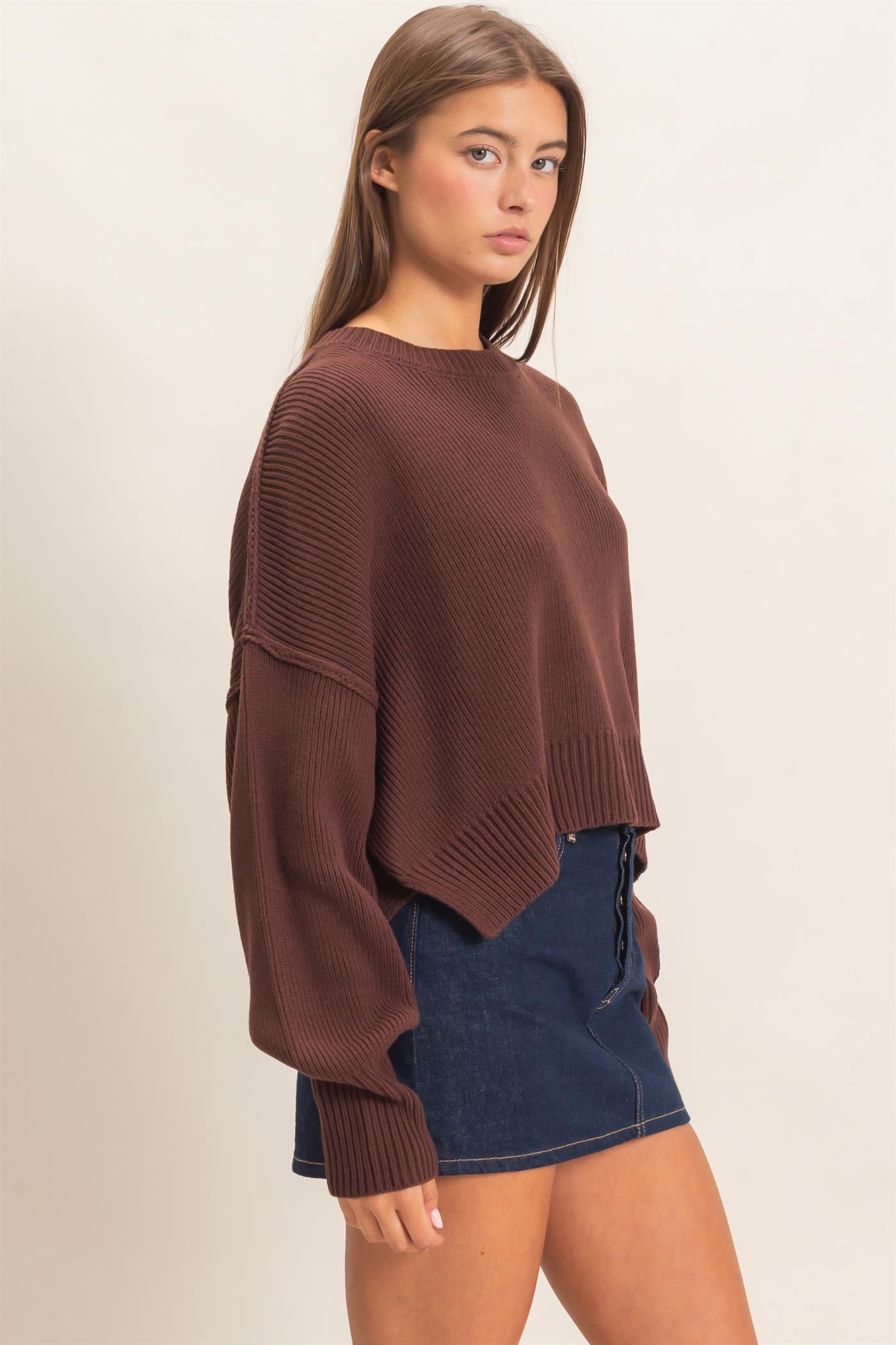 Wholesale Ribbed Drop Shoulder Sweater Sweaters DZ26C982 DARK BROWN DOUBLE ZERO