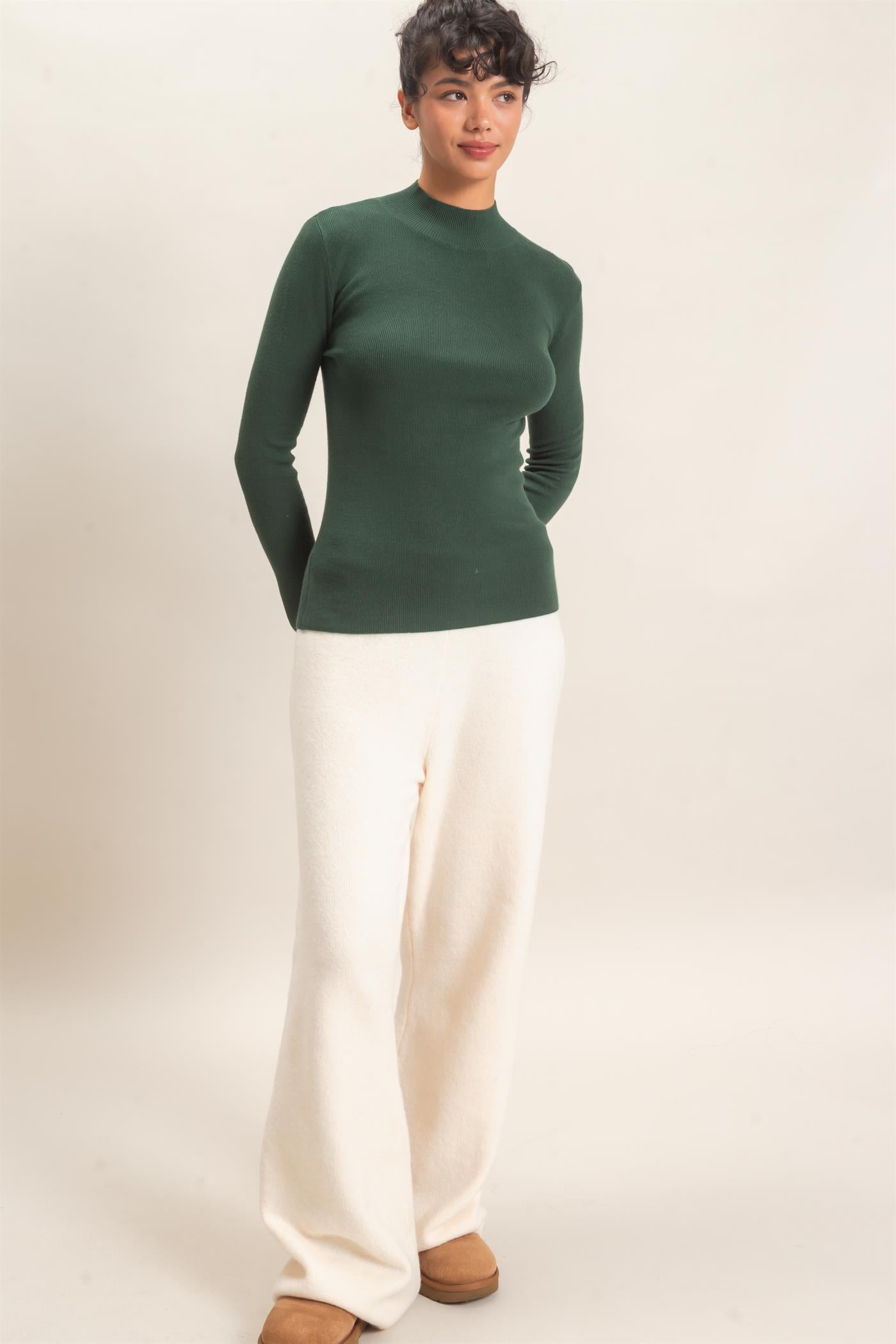 Wholesale Ribbed Mock Neck Long Sleeve Knit Top Clothing Tops DZ26F201 DARK GREEN DOUBLE ZERO
