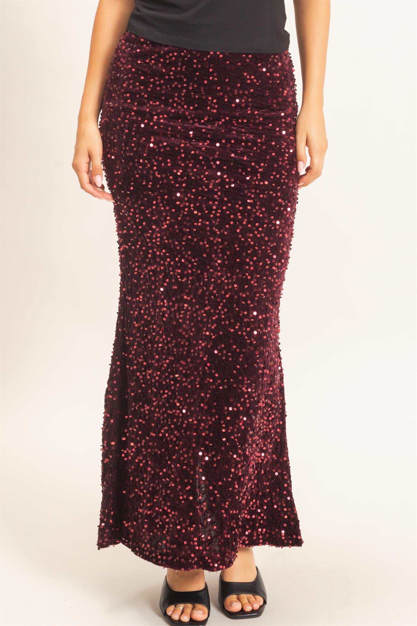 Wholesale Sequin Midi Skirt Skirts HF26F121 BURGUNDY HYFVE