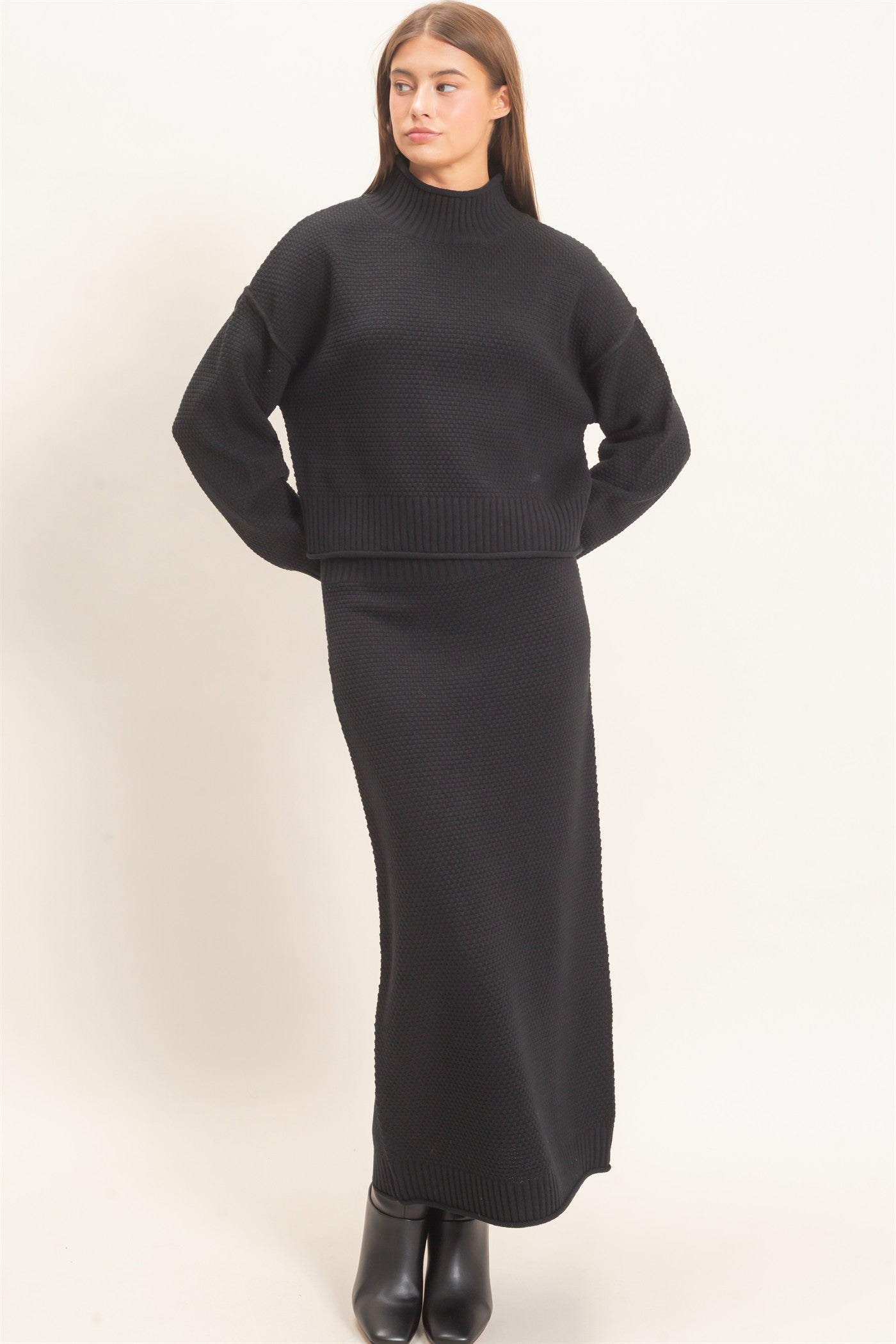 Wholesale High Neck Long Sleeve Top & Maxi Skirt Set Clothing DZ26E272-SET BLACK DOUBLE ZERO