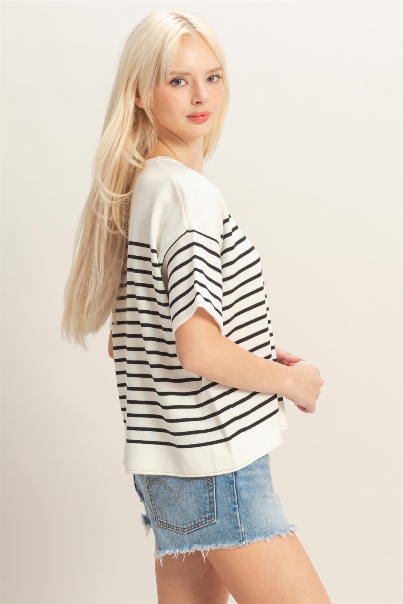 Wholesale Striped Short Sleeve Knit Top Clothing Tops DZ26A838 BLACK DOUBLE ZERO