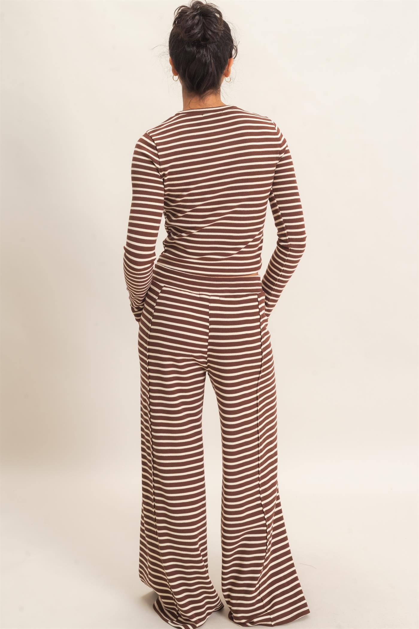 Wholesale Striped Waffle Long Sleeve Top & Pants Set Clothing DZ25F479-SET DARK BROWN DOUBLE ZERO